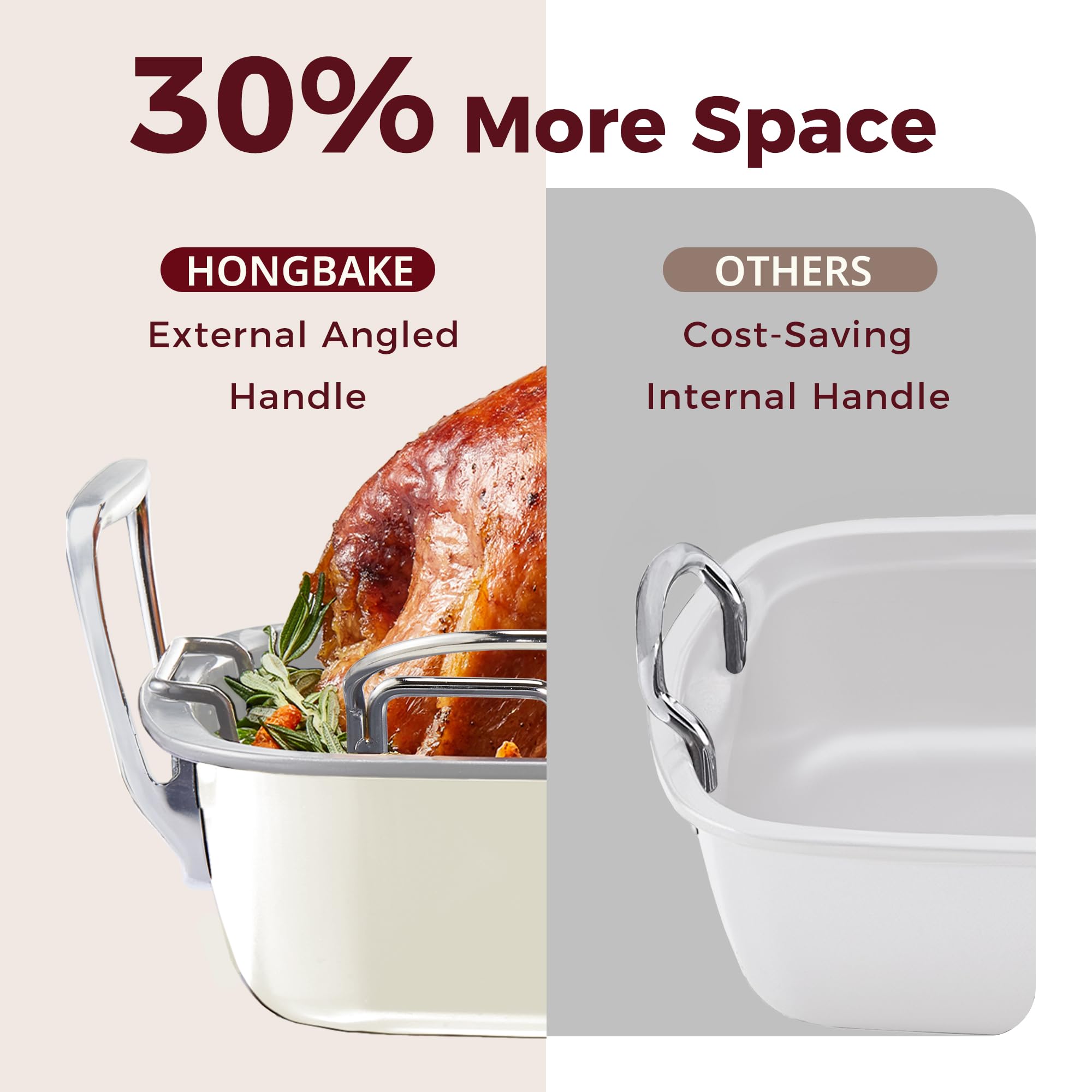 HONGBAKE Ceramic Coated Nonstick Large Turkey Roasting Pan with Rack (U-Shaped), 18.7×13.6 Inch Deep Roaster Pan for 25 lb Turkey & Chicken, Wider Handles, Non Toxic, PFOA & PTFE-Free, Cream & Gray