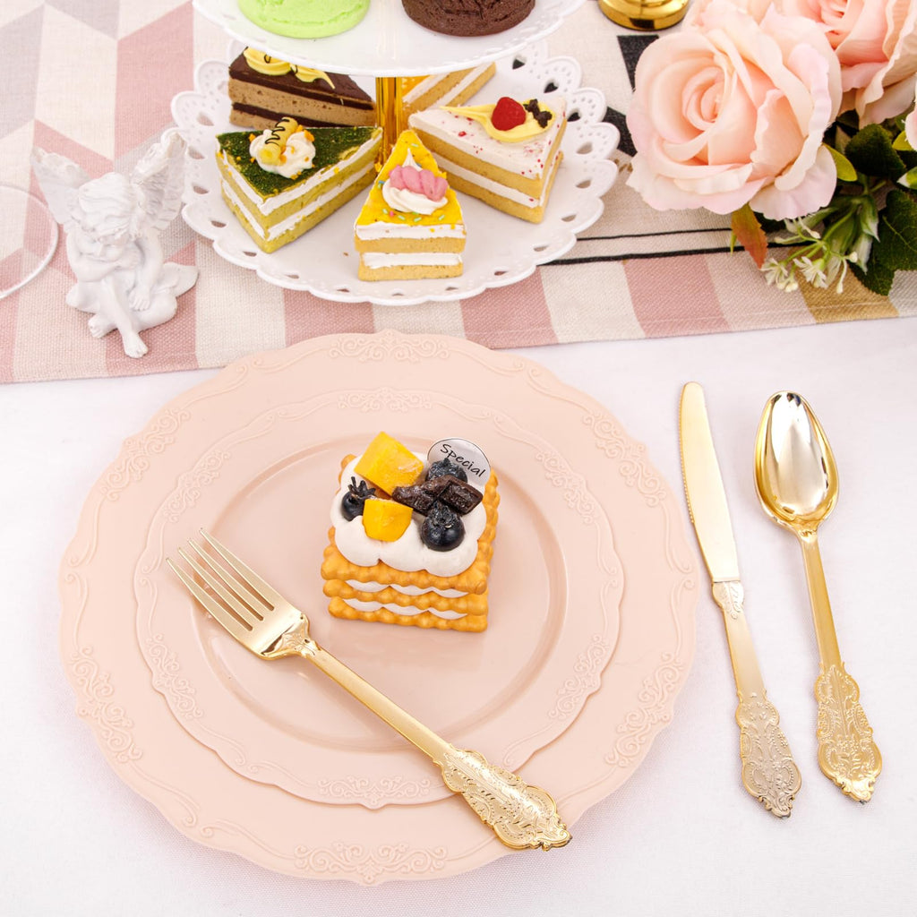 DaYammi 150Pcs Ivory Plastic Plates with Gold Rim,Disposable Plastic Plates Include 30 Dinner Plate,30 Salad Plate,30 Forks,30 Spoons,30 Knives,Ivory and Gold Plates for Party,Wedding,Mother's Day
