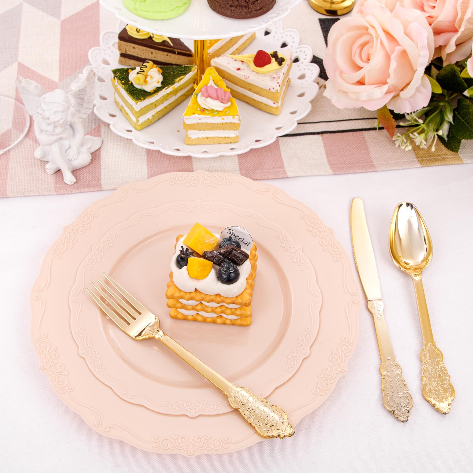DaYammi 150Pcs Ivory Plastic Plates with Gold Rim,Disposable Plastic Plates Include 30 Dinner Plate,30 Salad Plate,30 Forks,30 Spoons,30 Knives,Ivory and Gold Plates for Party,Wedding,Mother's Day