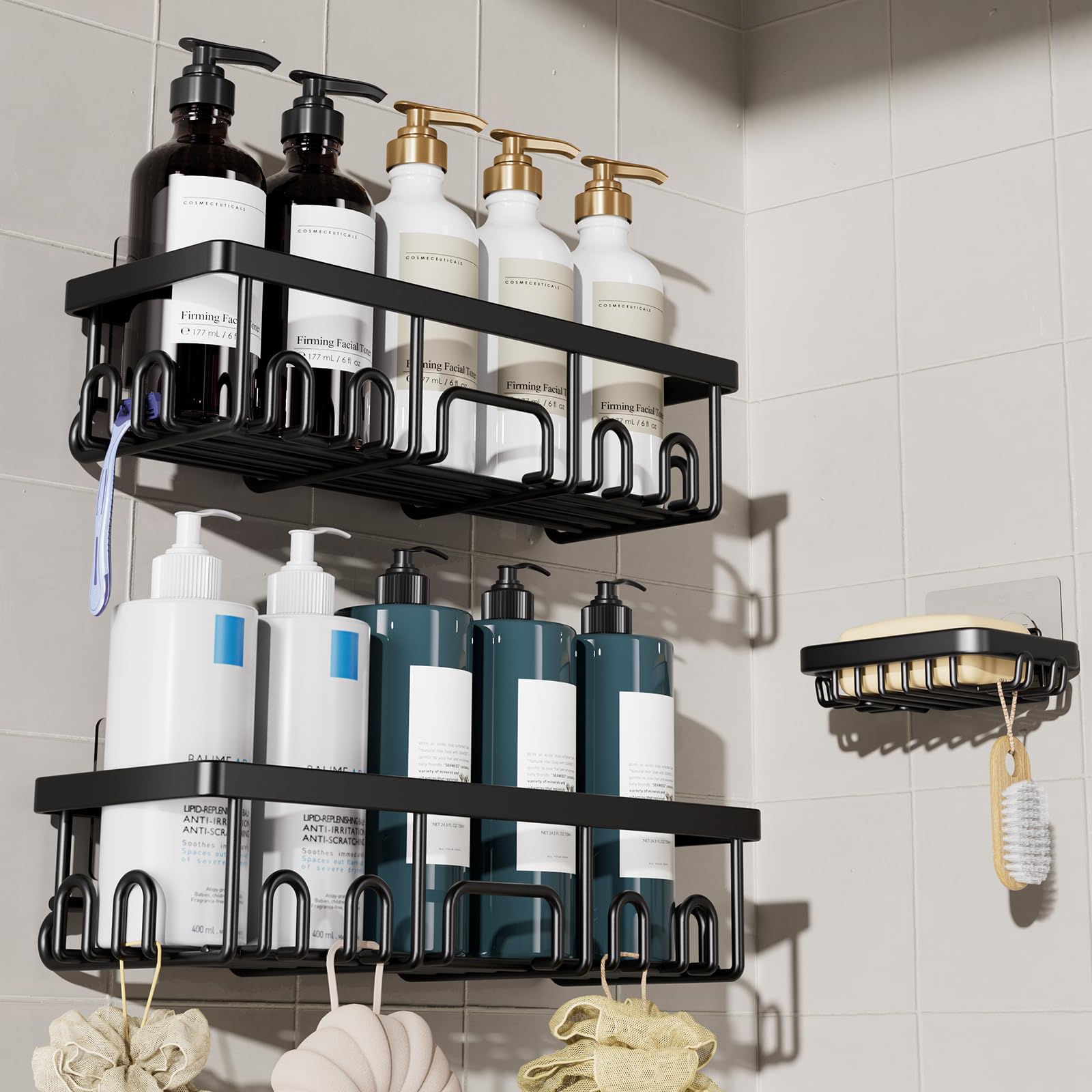 Veken Shower Caddy 6-Pack, Advanced Rustproof Design, No Drilling Adhesive Shelves, Rack with Soap Holder, Large Capacity Bathroom Organizers and Storage, Wall-Mounted Kitchen & Home Decor