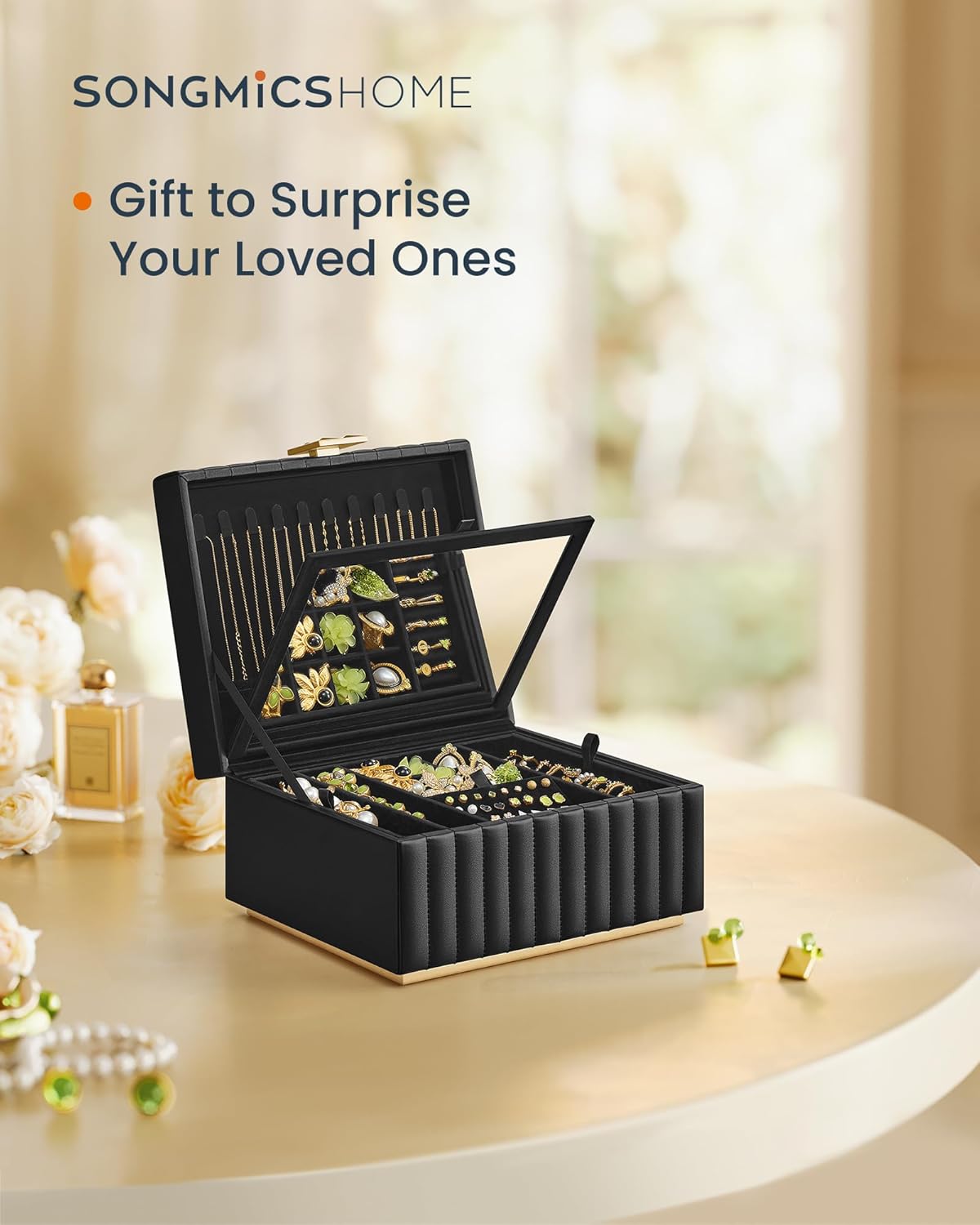 SONGMICS HOME 2-Tier Jewelry Box with Mirror, Jewelry Organizer, Removable Tray, PU Surface with Stitching, Floating Effect, 8.5 x 9.4 x 5.3 Inches, Ink Black, ANAH Collection UJBC182B01