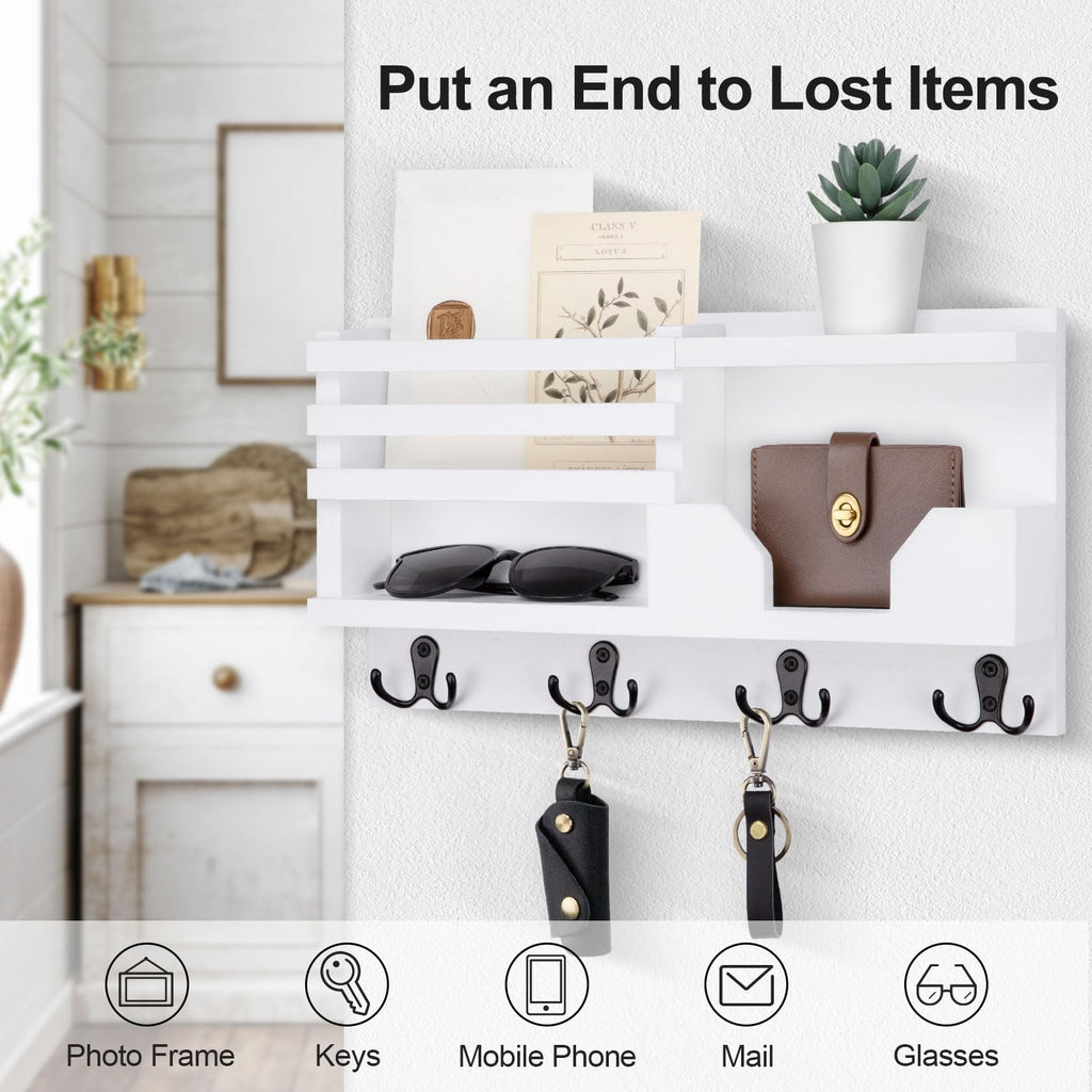 Mail and Key Holder for Wall – Decorative 15.9” x 8.7” x 3.2” Entryway Organizer with Shelf – Paulownia Wood with 4 Dual Hooks Includes Mounting Hardware and Installation Guide