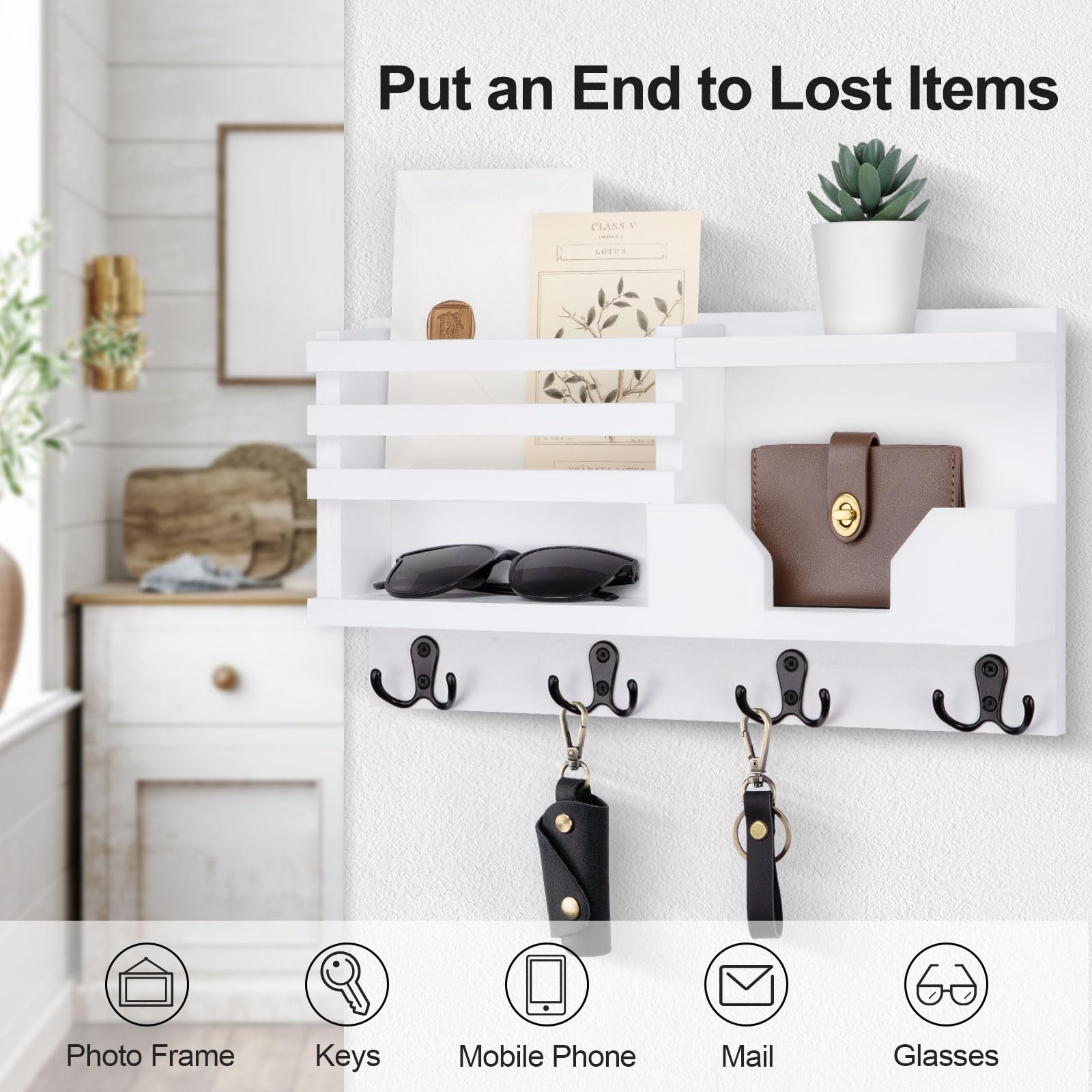 Mail and Key Holder for Wall – Decorative 15.9” x 8.7” x 3.2” Entryway Organizer with Shelf – Paulownia Wood with 4 Dual Hooks Includes Mounting Hardware and Installation Guide