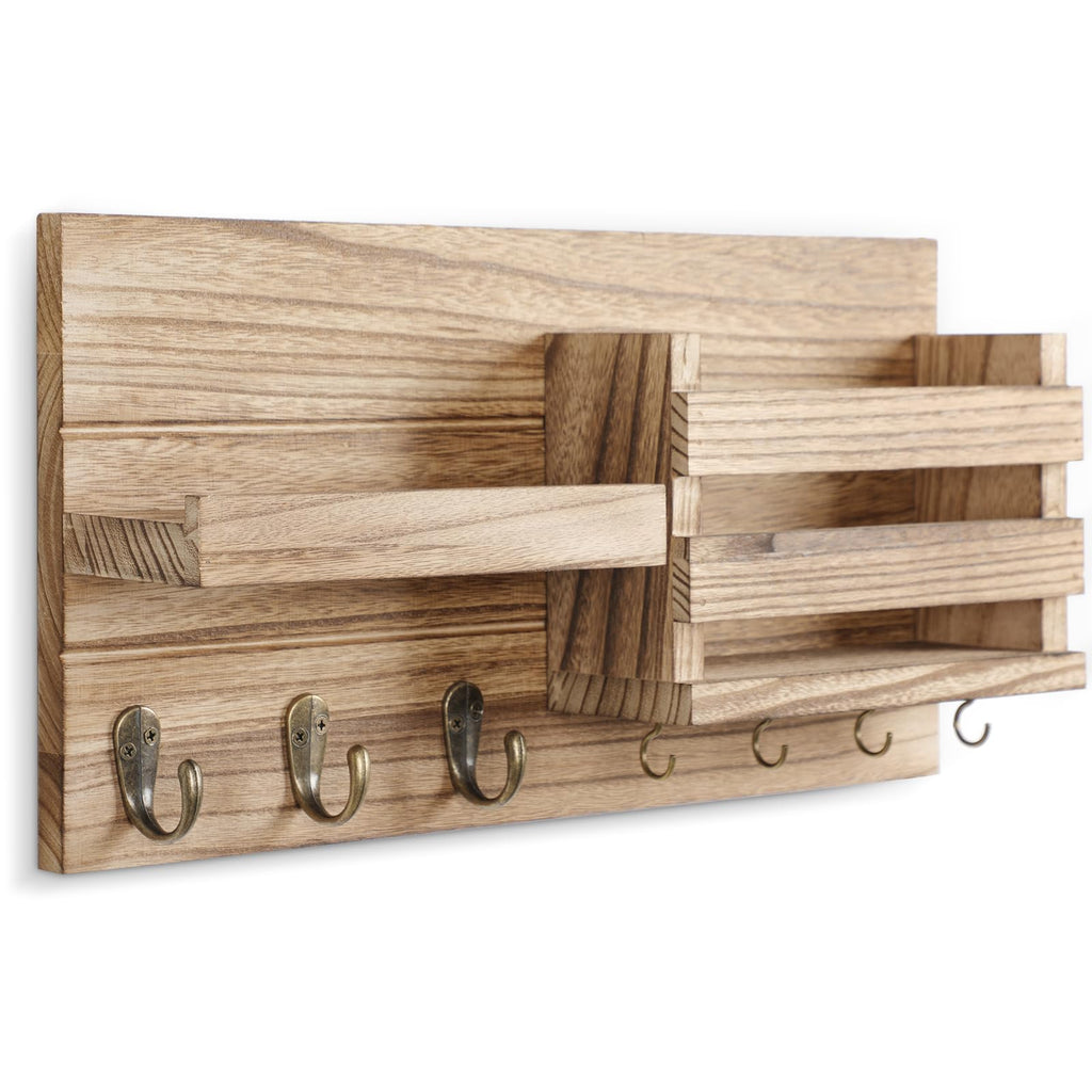 Mail Organizer for Wall Mount – Key Holder with Shelf Includes Letter Holder and Hooks for Coats, Dog Leashes – Rustic Wood with Flush Mounting Hardware (16.5” x 8.7” x 3.5”)