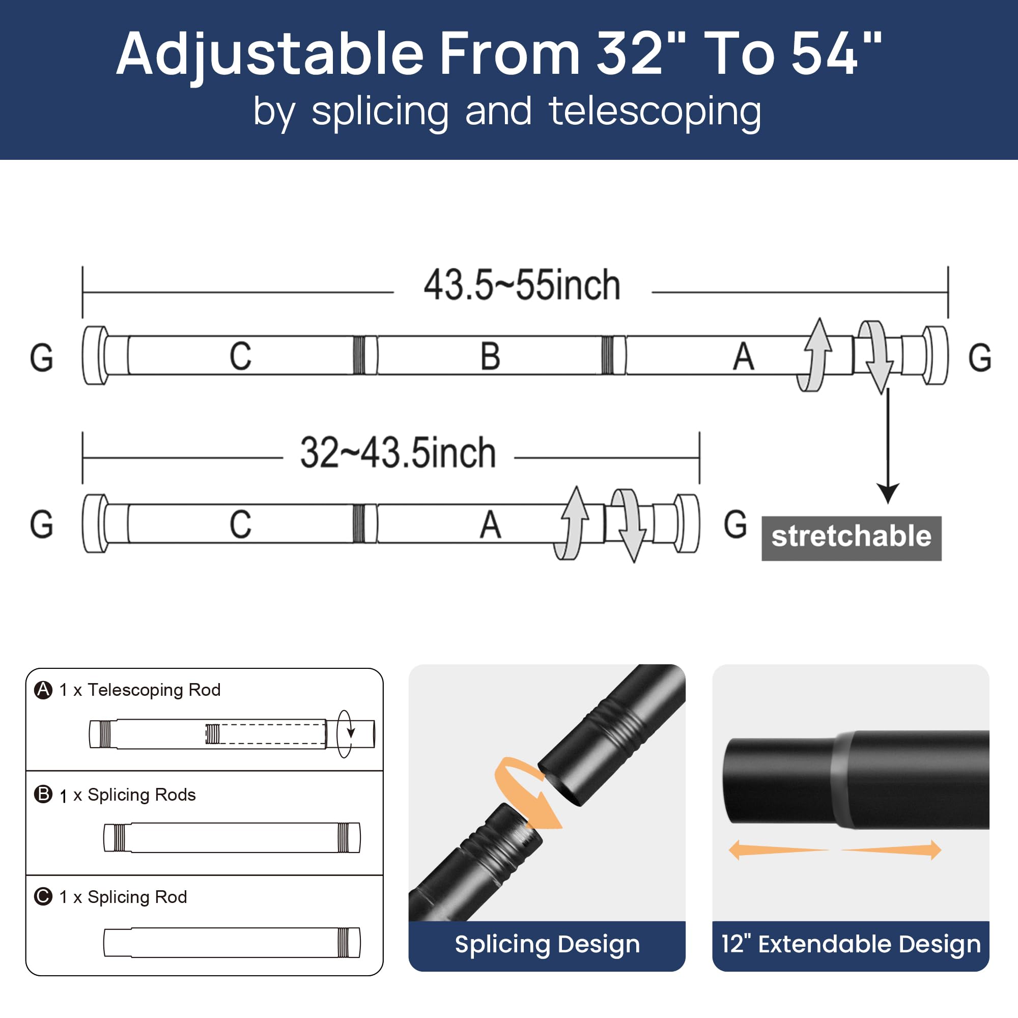 ENJOYBASICS 2 Pack Adjustable Spring Tension Curtain Rods 32 to 66 Inches, Stainless Steel Matte Black Shower Rod No Drilling for Window, Bathroom, Closet, Room Divider, 7/8" Diameter