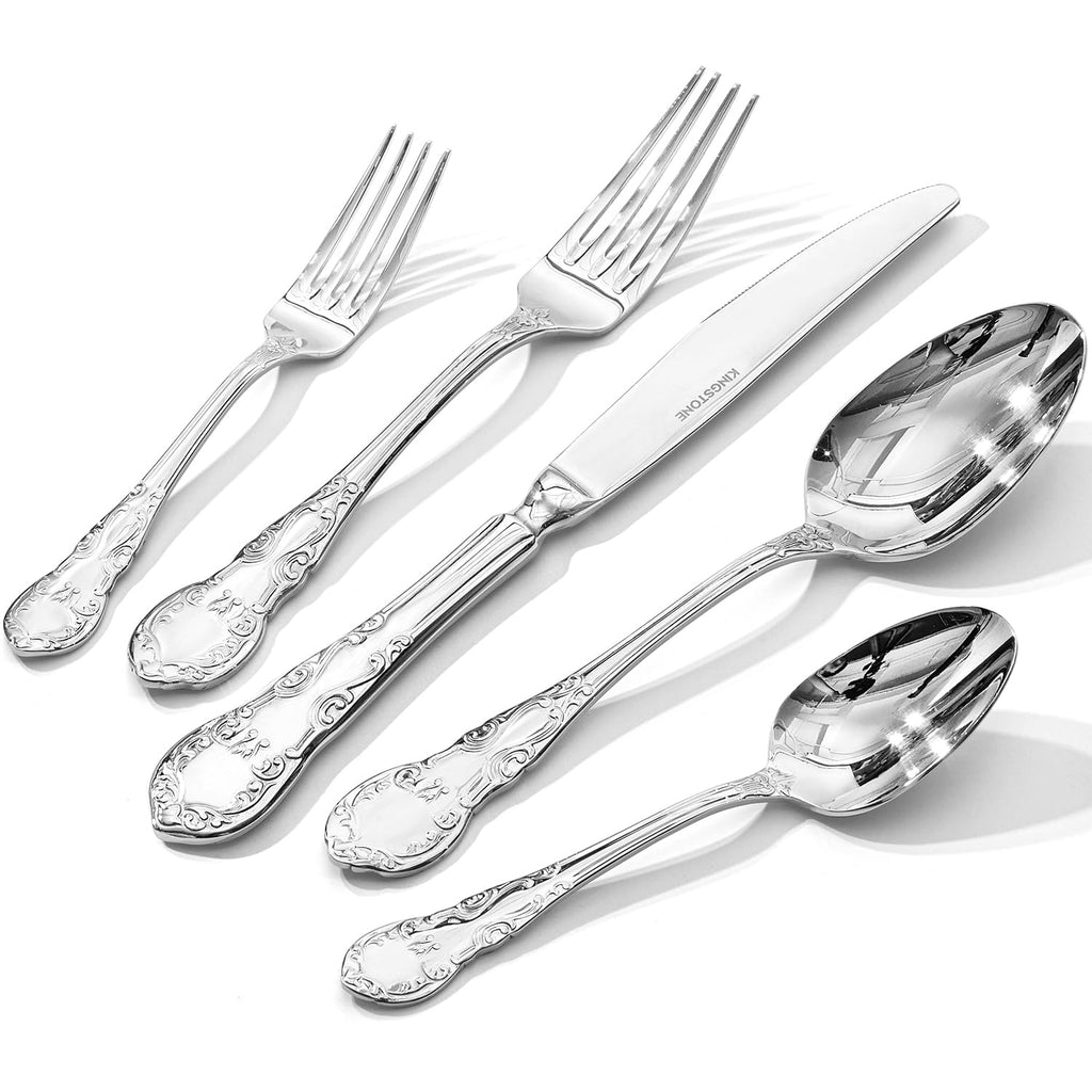 KINGSTONE Vintage Silverware Set, 40-Piece 18/10 Stainless Steel Retro Royal Flatware Cutlery Set for 8 with Carved Thick Handles, Tableware Utensils for Home,Party,Restaurant,Wedding,Dishwasher Safe