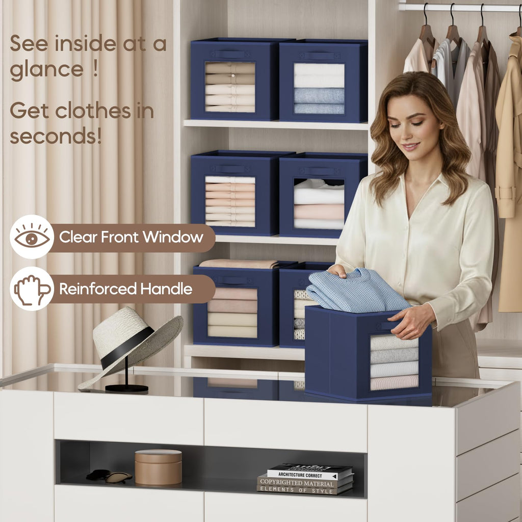 Homsorout Storage Cube 11 Inch - Cube Storage Bins with Window, Closet Storage Baskets with Handle, Fabric Bins for Closet, Shelves, Toys, Clothes, Set of 6, Grey