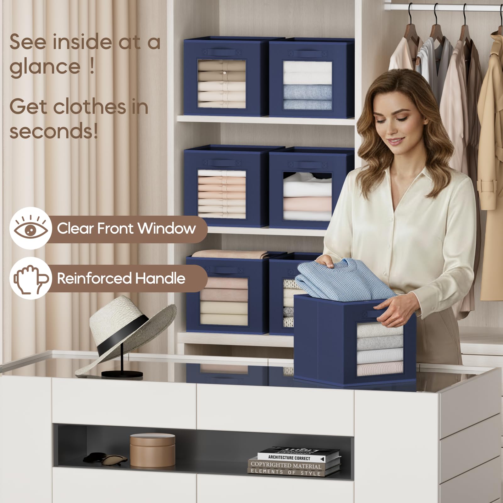 Homsorout Storage Cube 11 Inch - Cube Storage Bins with Window, Closet Storage Baskets with Handle, Fabric Bins for Closet, Shelves, Toys, Clothes, Set of 6, Grey