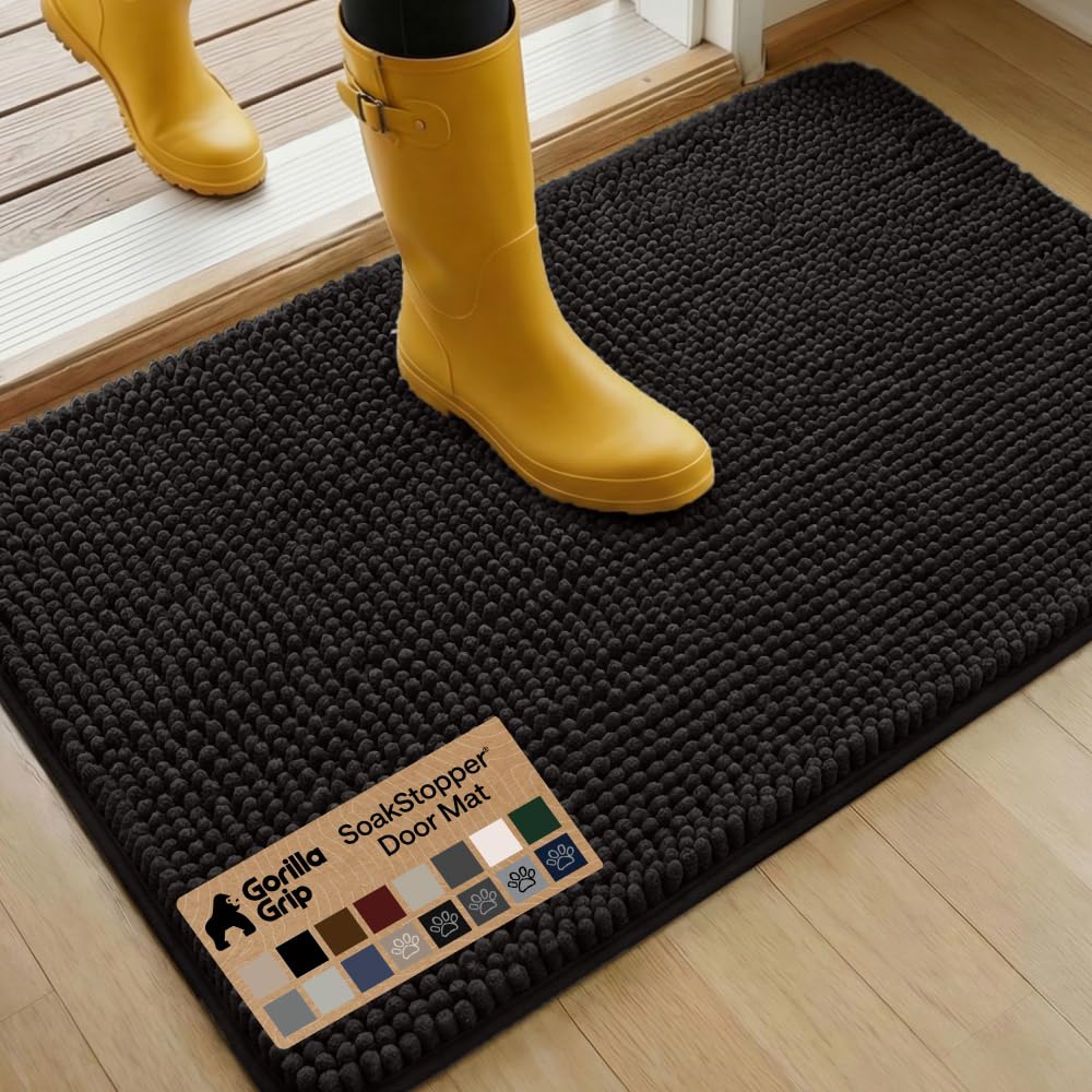 GORILLA GRIP SoakSTOPPER Dog Door Mat, Machine Washable Rug Absorbent Doormat Captures Moisture Mud Dirt, Quick Dry Soft Chenille Entryway Rugs Indoor Entrance Mats for Dog Paws, 24x17 Grey