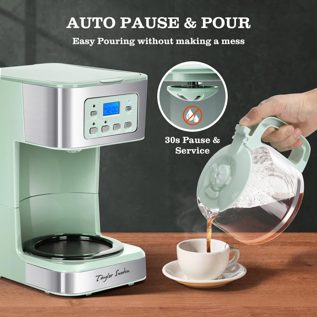 Taylor Swoden 12-Cup Programmable Coffee Maker, Regular & Strong Brew Drip Coffee Machine for Home and Office, Glass Carafe, Pause & Serve, Auto Shut Off, Black & Stainless Steel