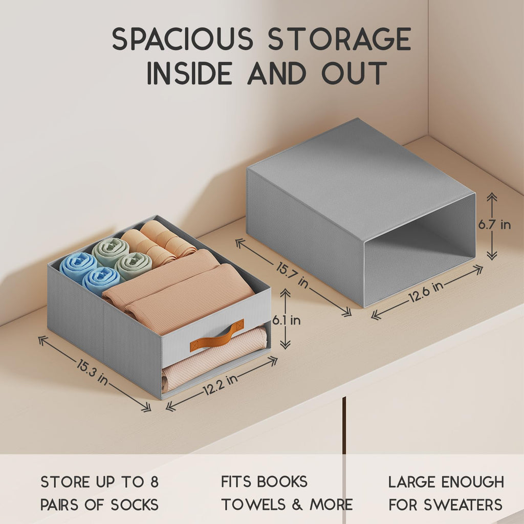Homsorout Large Closet Storage Bins - 6 Pack Pull-Out Stackable Fabric Boxes with Clear Window, Foldable Closet Visible Storage Container for Bedroom, Living Room, Home Shelves, Grey