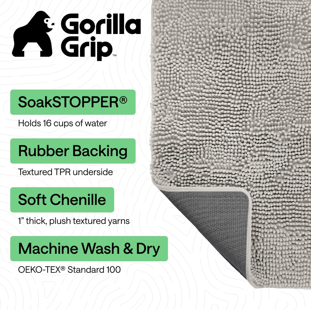 GORILLA GRIP SoakSTOPPER Dog Door Mat, Machine Washable Rug Absorbent Doormat Captures Moisture Mud Dirt, Quick Dry Soft Chenille Entryway Rugs Indoor Entrance Mats for Dog Paws, 24x17 Grey