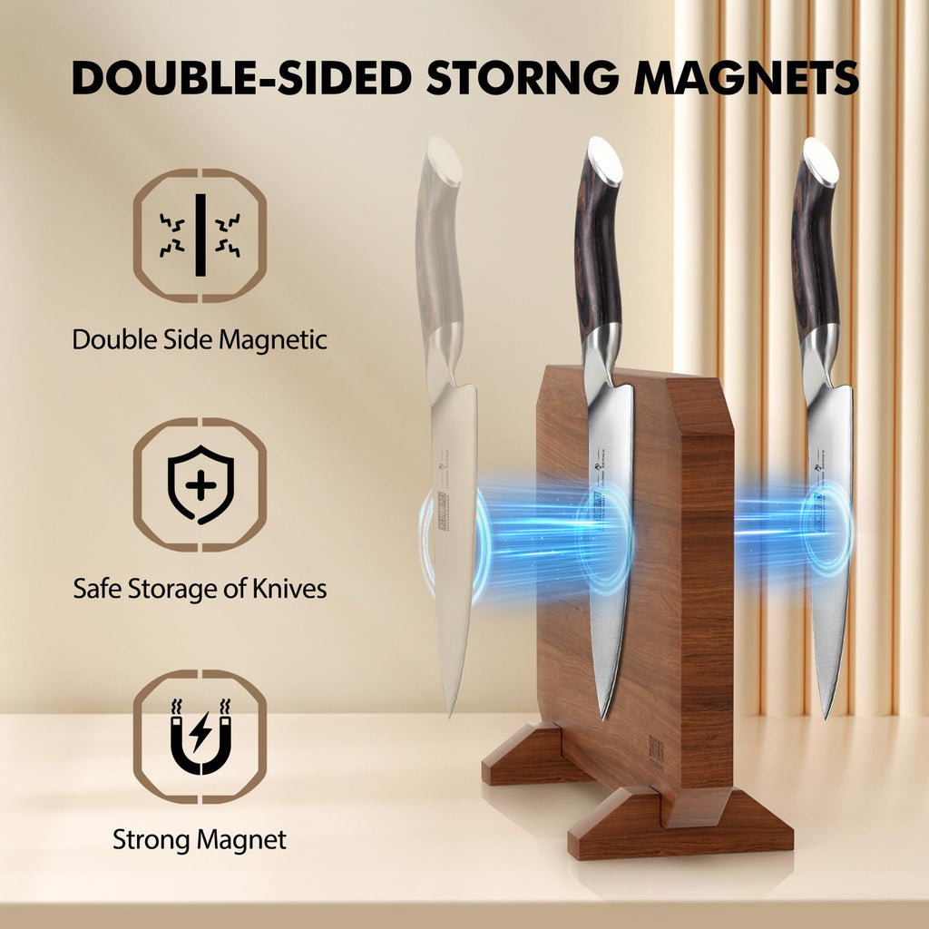 HOSHANHO Magnetic Knife Block 14 x 10 Inches, Double Sided Magnetic Knife Holder Rack for Kitchen Counter, Acacia Wood Magnetic Knife Storage Stand with Knife Sharpener