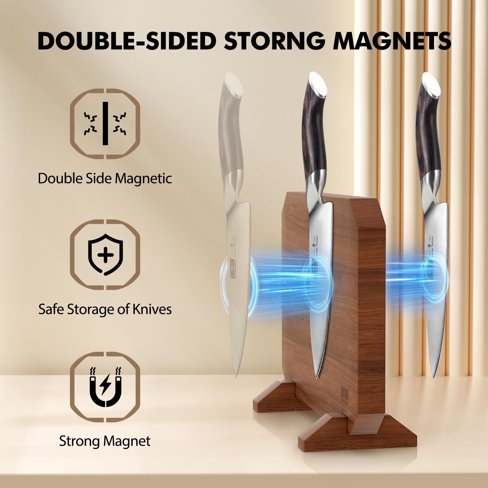 HOSHANHO Magnetic Knife Block 14 x 10 Inches, Double Sided Magnetic Knife Holder Rack for Kitchen Counter, Acacia Wood Magnetic Knife Storage Stand with Knife Sharpener