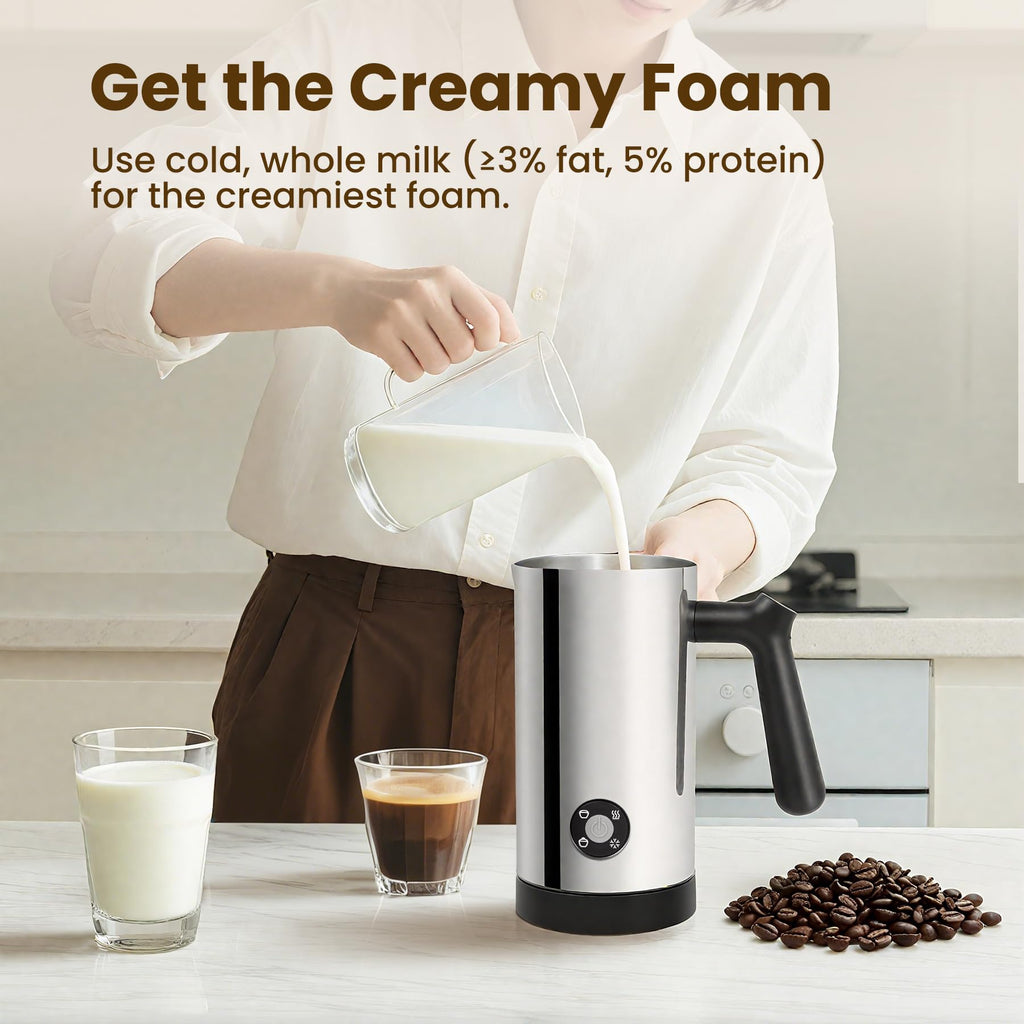 Milk Frother, 4-in-1 Milk Frother and Steamer, 10.6oz Electric Milk Steamer, Automatic Cold and Hot Foam Maker for Lattes, Cappuccinos, Ceramic Lining Interior (Polished)