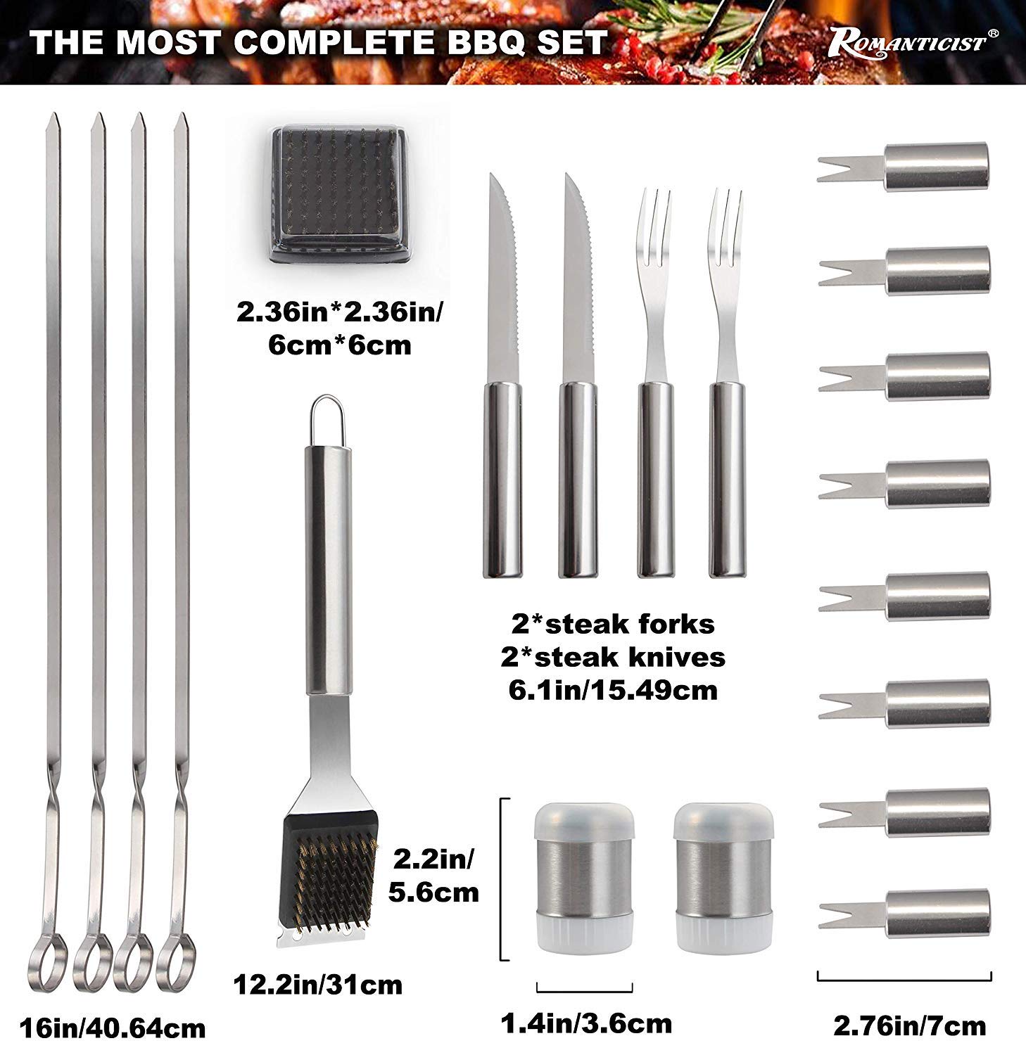 ROMANTICIST 23pcs Must-Have BBQ Grill Accessories Set with Thermometer in Case - Stainless Steel Barbecue Tool Set with 2 Grill Mats for Backyard Outdoor Camping - Father's Day Best Barbecue Gift