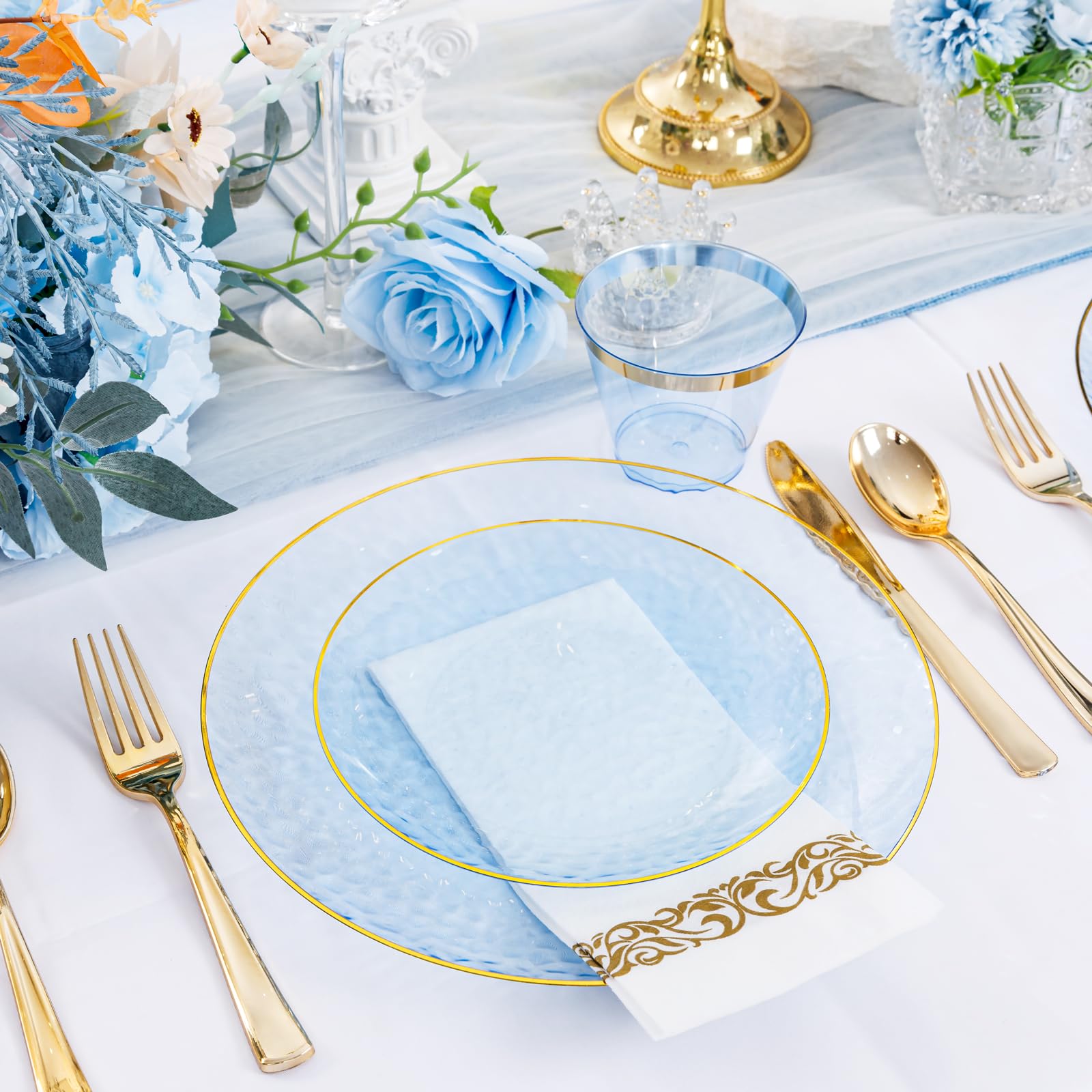 DaYammi 350PCS Clear Gold Plastic Dinnerware Set for 50 Guests, Hammered Disposable Plates for Party, Include: 50 Dinner Plates, 50 Dessert Plates, 150 Gold Silverware, 50 Napkins, 50 Cups