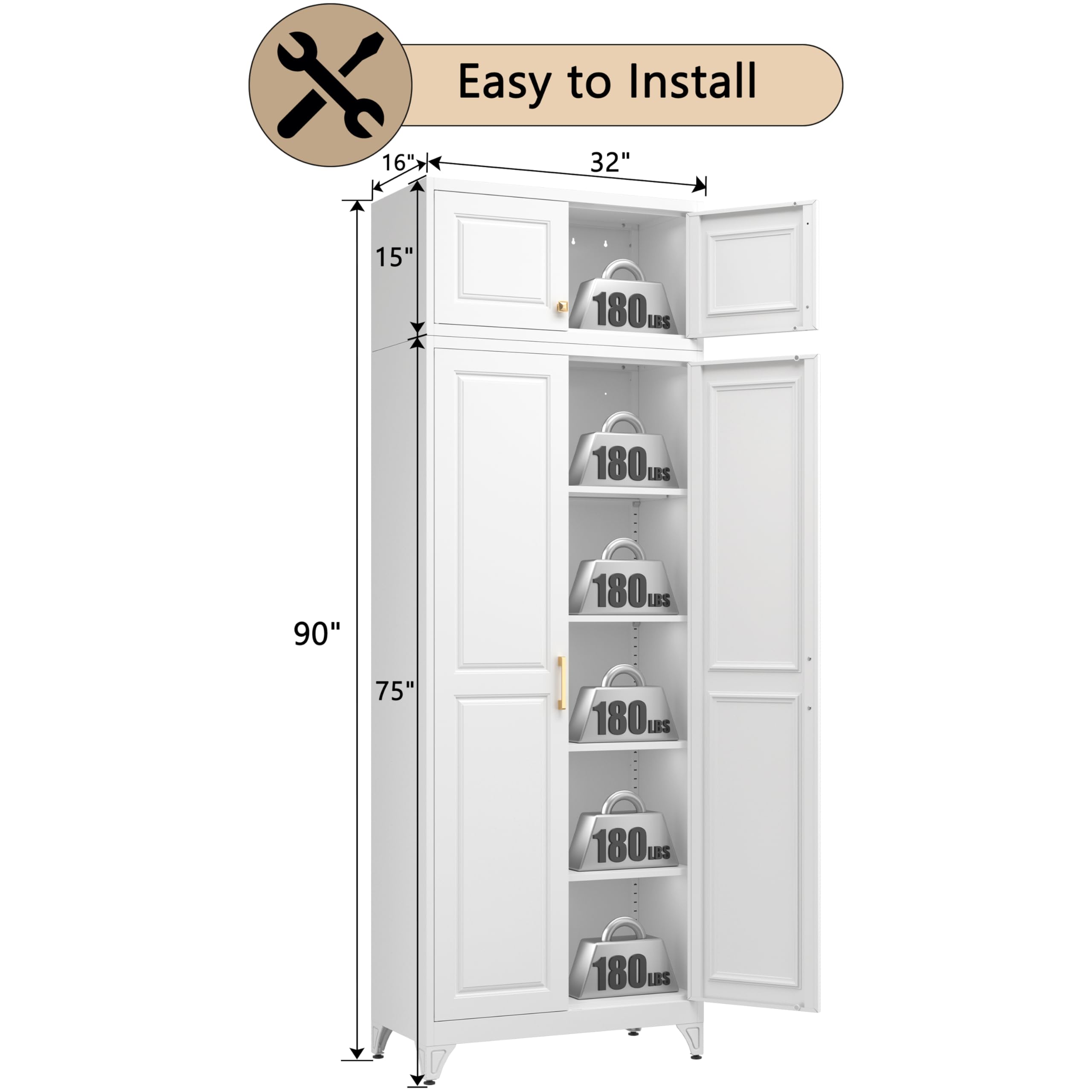 75" Tall Metal Kitchen Storage Cabinet,White Kitchen Pantry Storage Cabinet with Doors and 4 Adjustable Shelves,Utility Cabinet for Living Room,Garage,Dining Room and Office,Assemble Required