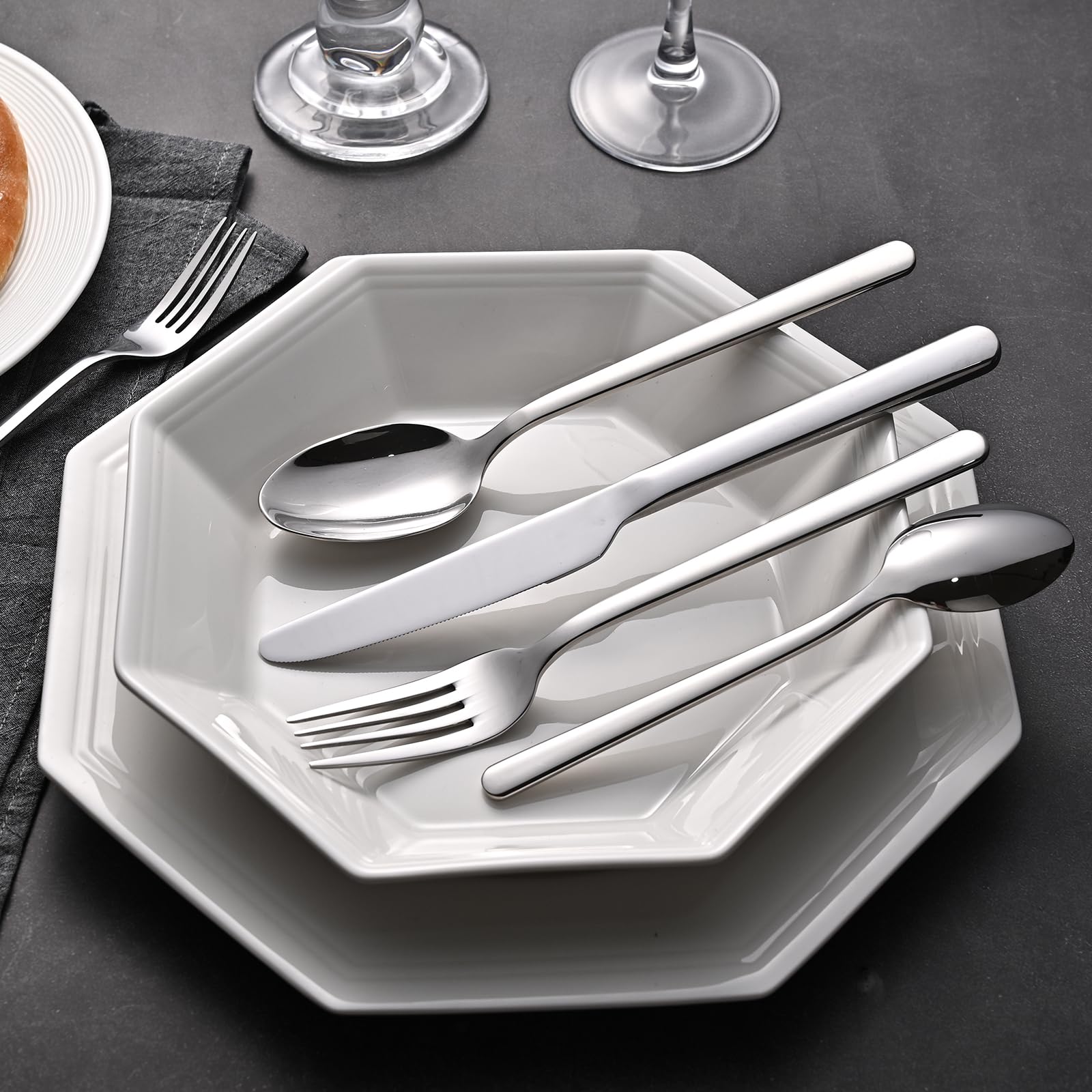 KINGSTONE Forged 30-Piece Silverware Set, Matte Flatware Set for 6, 18/10 Stainless Steel Silverware Utensils Set Dishwasher Safe (Matte Silver)