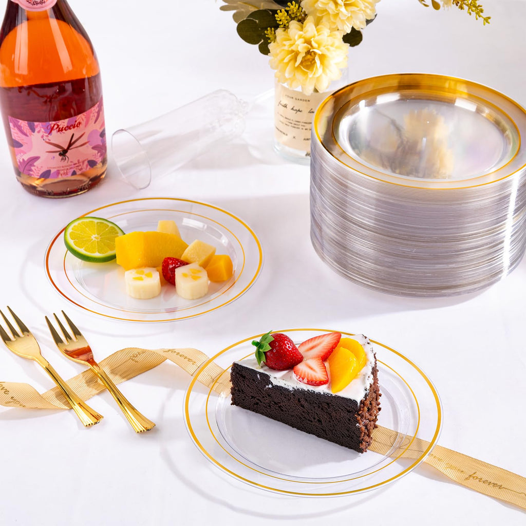DaYammi 240Pcs Dessert Plates Include 120Pcs Gold Cake Plates 6.3inch with 120Pcs Gold Plastic Forks 5.7inch,Clear gold plates Disposable Salad Plate for Party Appetizer Plate for Wedding Birthday