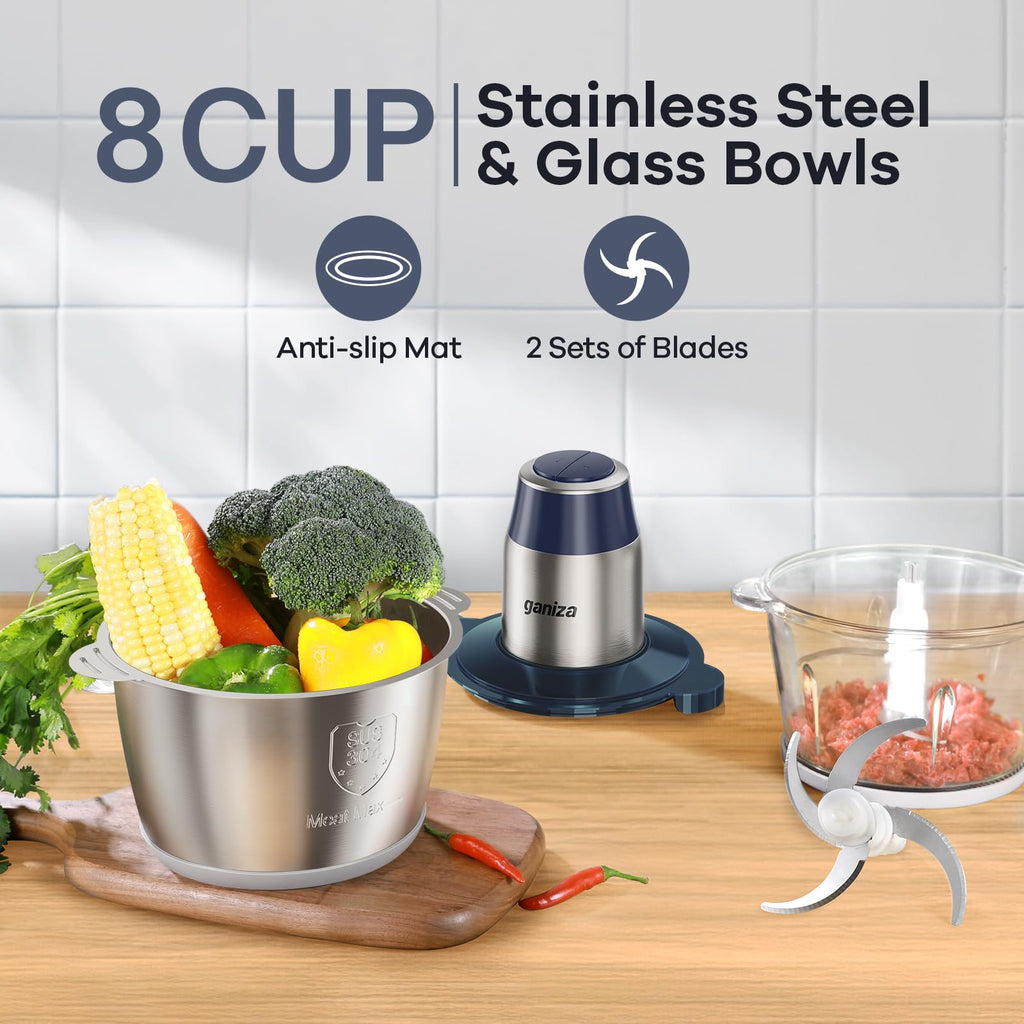 GANIZA Procesadores de alimentos, picadora eléctrica de alimentos con picadora de carne y picadora de verduras, 2 cuencos (8 tazas+8 tazas) con potente motor de cobre de 450 W, incluye 2 juegos de