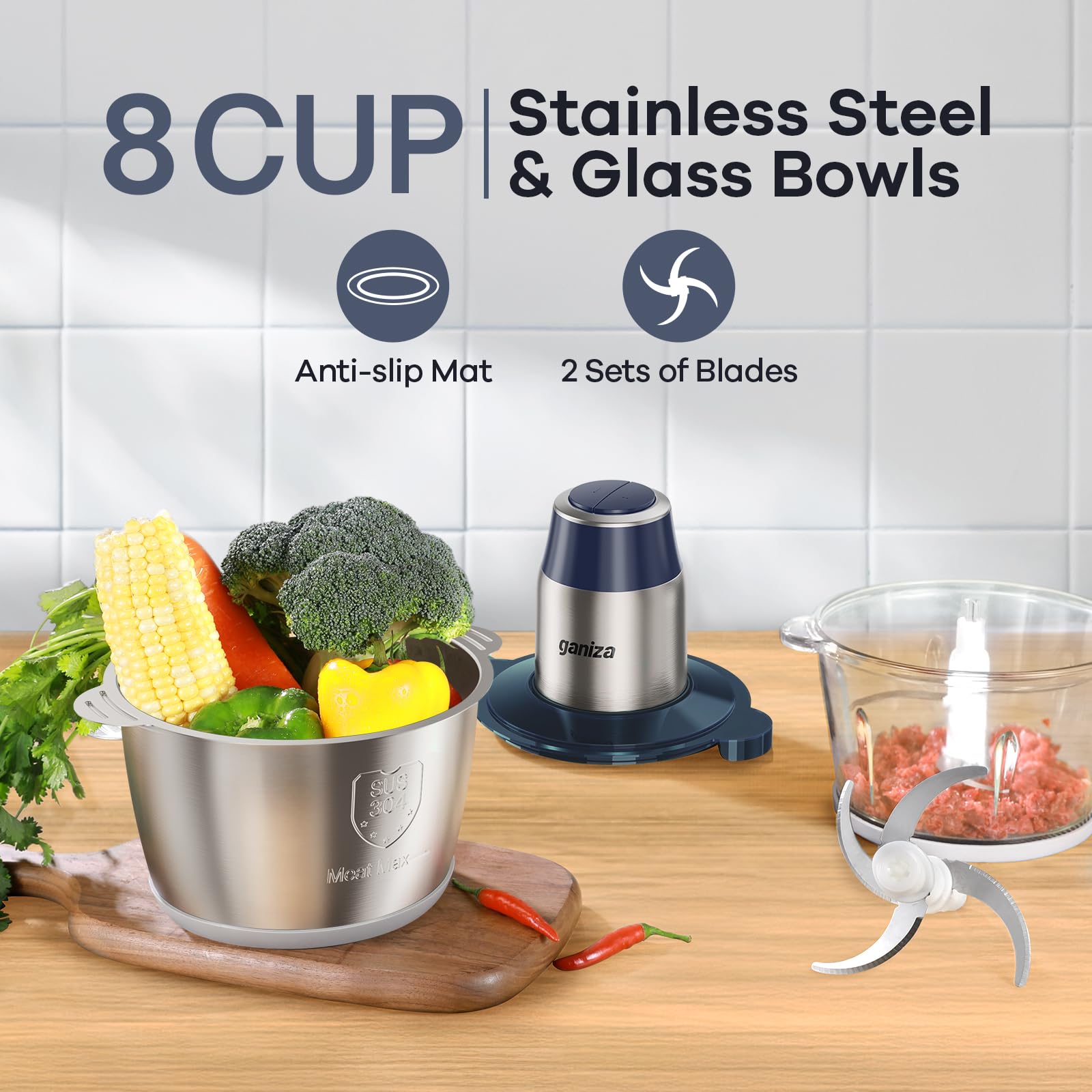 GANIZA Procesadores de alimentos, picadora eléctrica de alimentos con picadora de carne y picadora de verduras, 2 cuencos (8 tazas+8 tazas) con potente motor de cobre de 450 W, incluye 2 juegos de