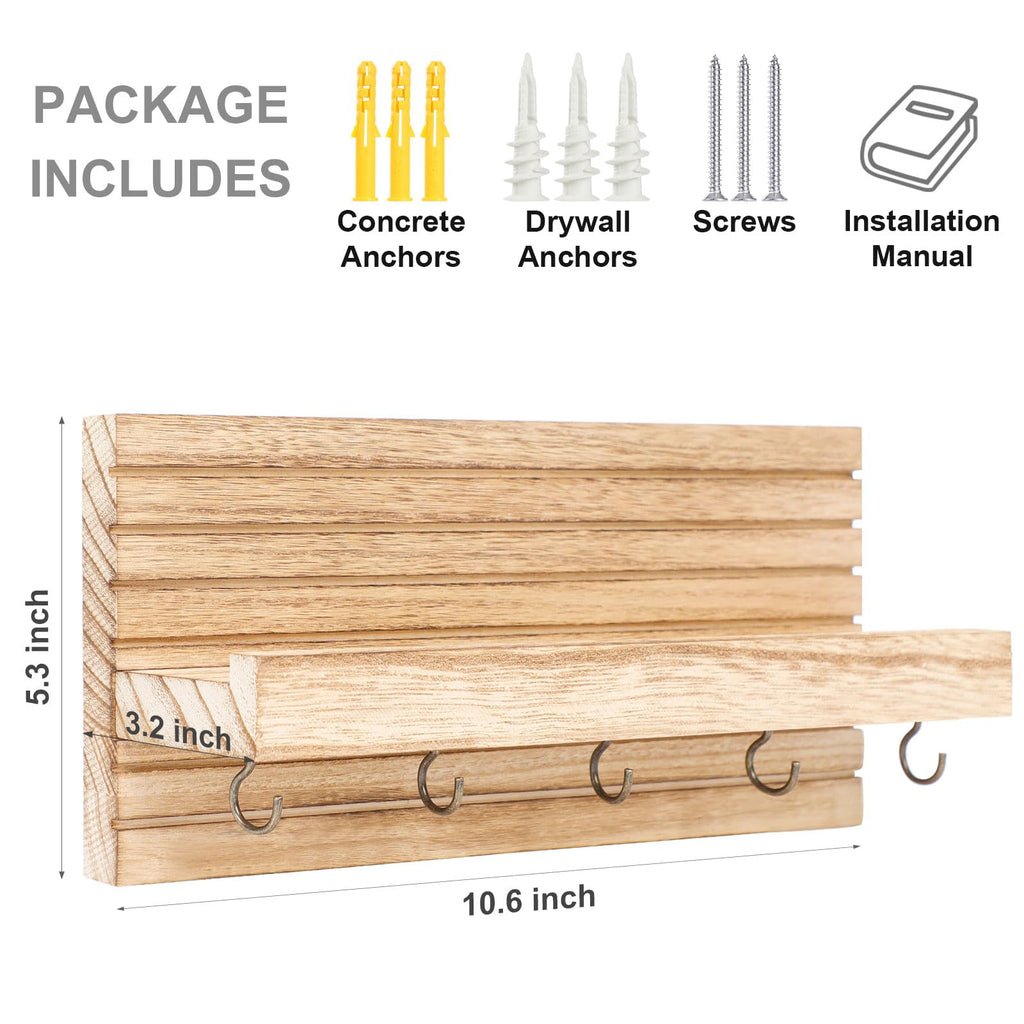 Decorative Key Holder for Wall with Shelf, Entryway Shelf with Hooks Holds Leashes, Jackets and Glasses – Sturdy Wood Keyholder Entrance Hanger with Mounting Hardware (Black, Medium)
