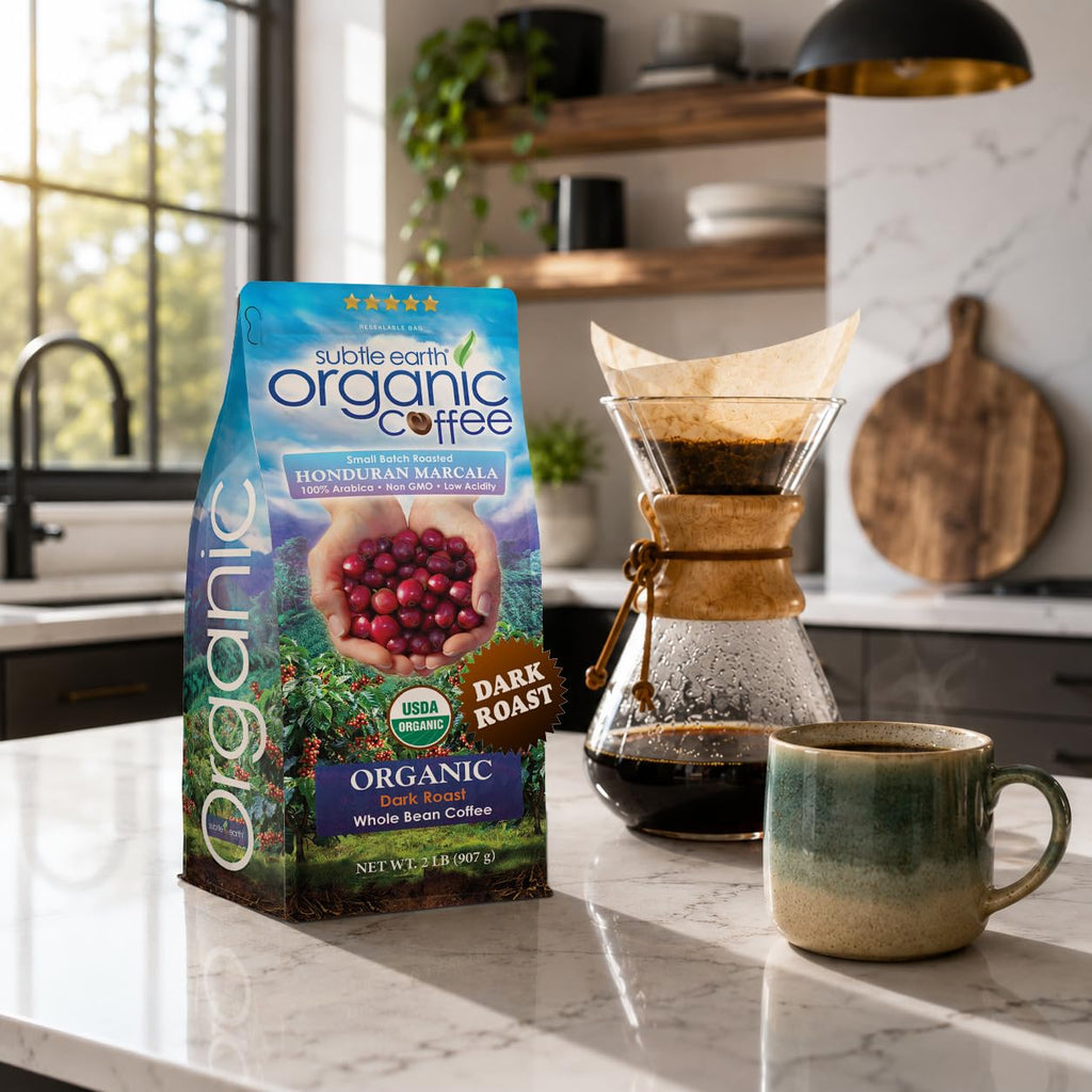 2LB Subtle Earth Organic Coffee - Dark Roast - Whole Bean Coffee - 100% Arabica Beans - Low Acidity and Non-GMO - 2lb bag