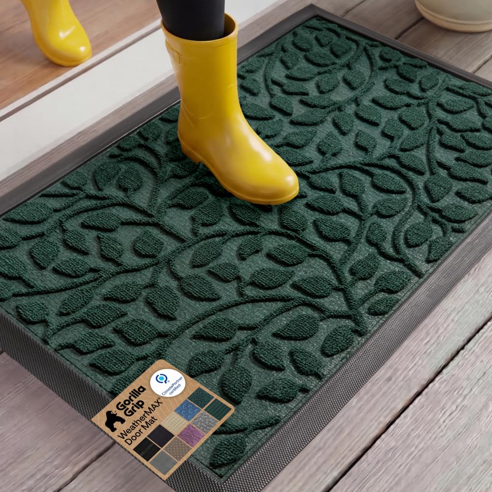 GORILLA GRIP 100% Waterproof All-Season WeatherMAX Doormat US Designed Natural Rubber, Stain Fade Resistant, Low Profile Indoor Outdoor Front Door Mats Outside Entrance, Easy Clean 29x17 Gray Diamond