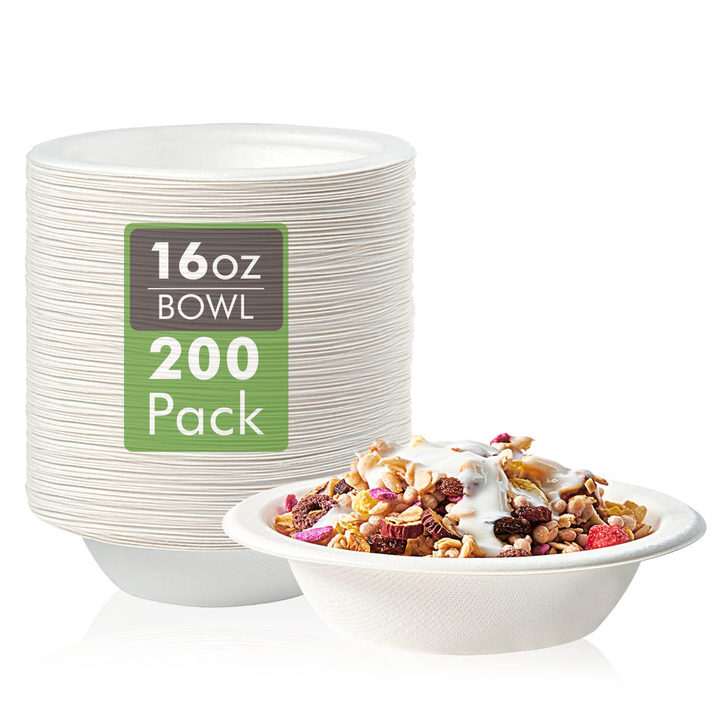 Vplus 200 Pack 16 OZ Paper Bowls, Disposable Compostable Bulk, Eco-friendly Bagasse, Heavy-duty Bowls Perfect for Milk Cereals, Snacks, Salads