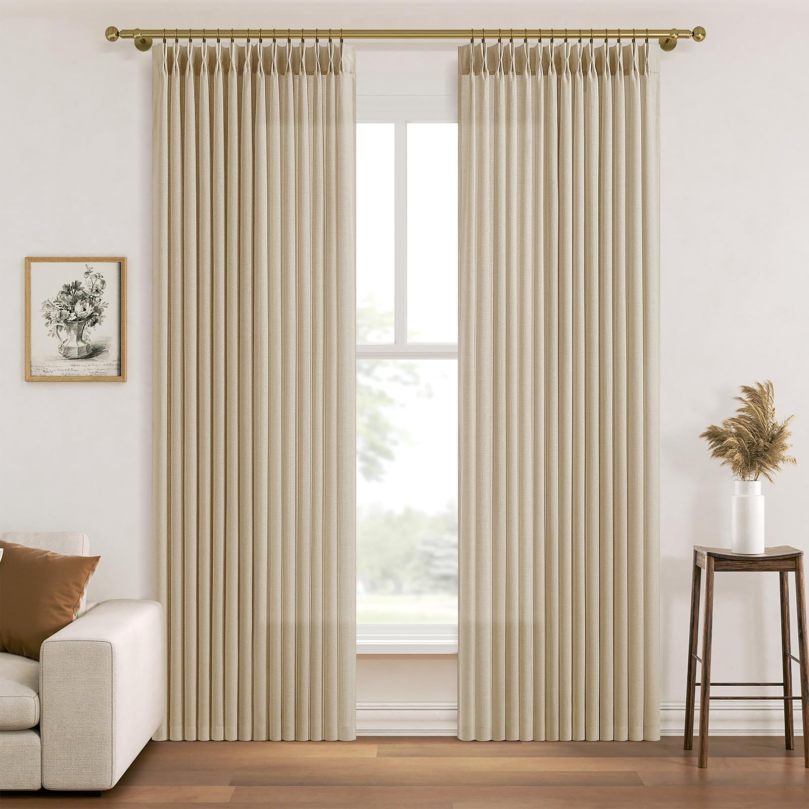Pinch Pleated Linen Curtains 96 Inches Extra Long Olive Green Drapes, Thick Linen Light Filtering Memory Trained Pleat Curtain for Living Room and Bedroom Privacy 2 Panels Texture with Back Tab