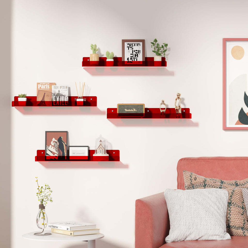 upsimples Acrylic Shelves for Bathroom Storage, 15" Floating Shelves Wall Organizer for Perfume, Make up, Skincare, Kids Bookshelf for Bedroom, Nursery, Living Room Decor, Clear, 4 Pack