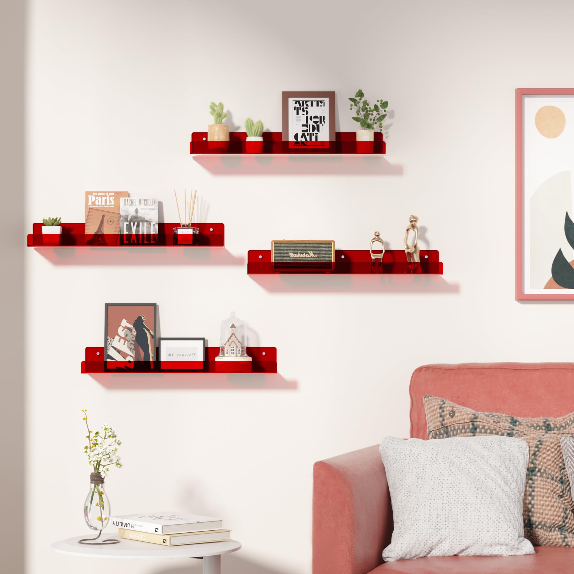 upsimples Acrylic Shelves for Bathroom Storage, 15" Floating Shelves Wall Organizer for Perfume, Make up, Skincare, Kids Bookshelf for Bedroom, Nursery, Living Room Decor, Clear, 4 Pack