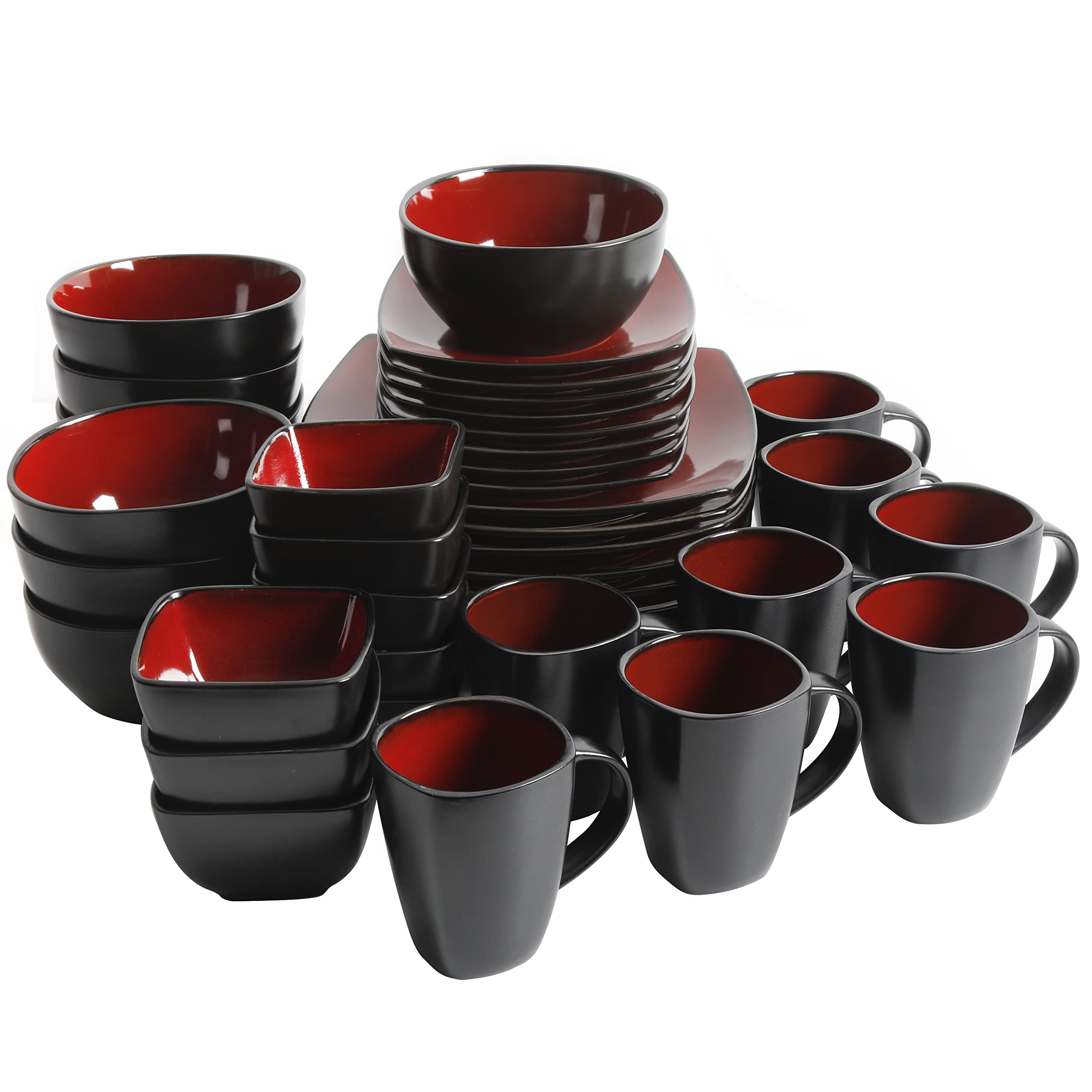 Gibson Elite Soho Lounge Square 16-Piece Dinnerware Set, Service for 4, Reactive Glaze Stoneware Plates and Bowls, Modern Dishes, Microwave & Dishwasher Safe – Red and Black