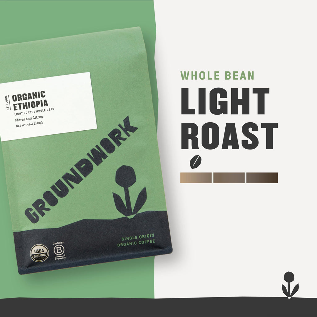 GROUNDWORK Ethiopia Heirloom Blend - Whole Bean Coffee Light Roast - USDA Organic Single Origin Coffee - 12oz (Pack of 1)