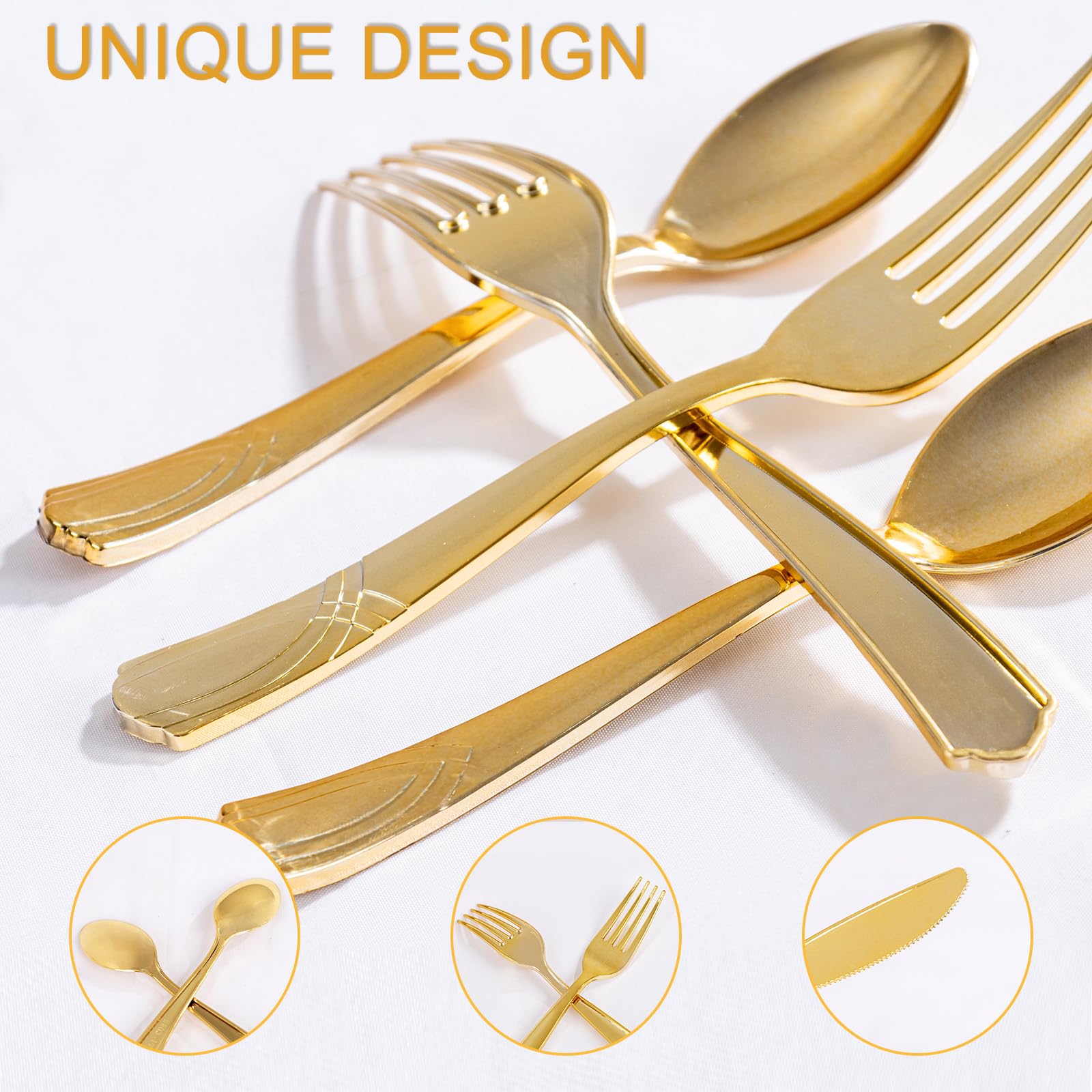 DaYammi 100Pcs Gold Plastic Spoons, Disposable Silverware, plastic Cutlery Heavy Duty Disposable Flatware Dinnerware Perfect for Dinner Parties, Gold disposable Spoons for Party Wedding Dinner