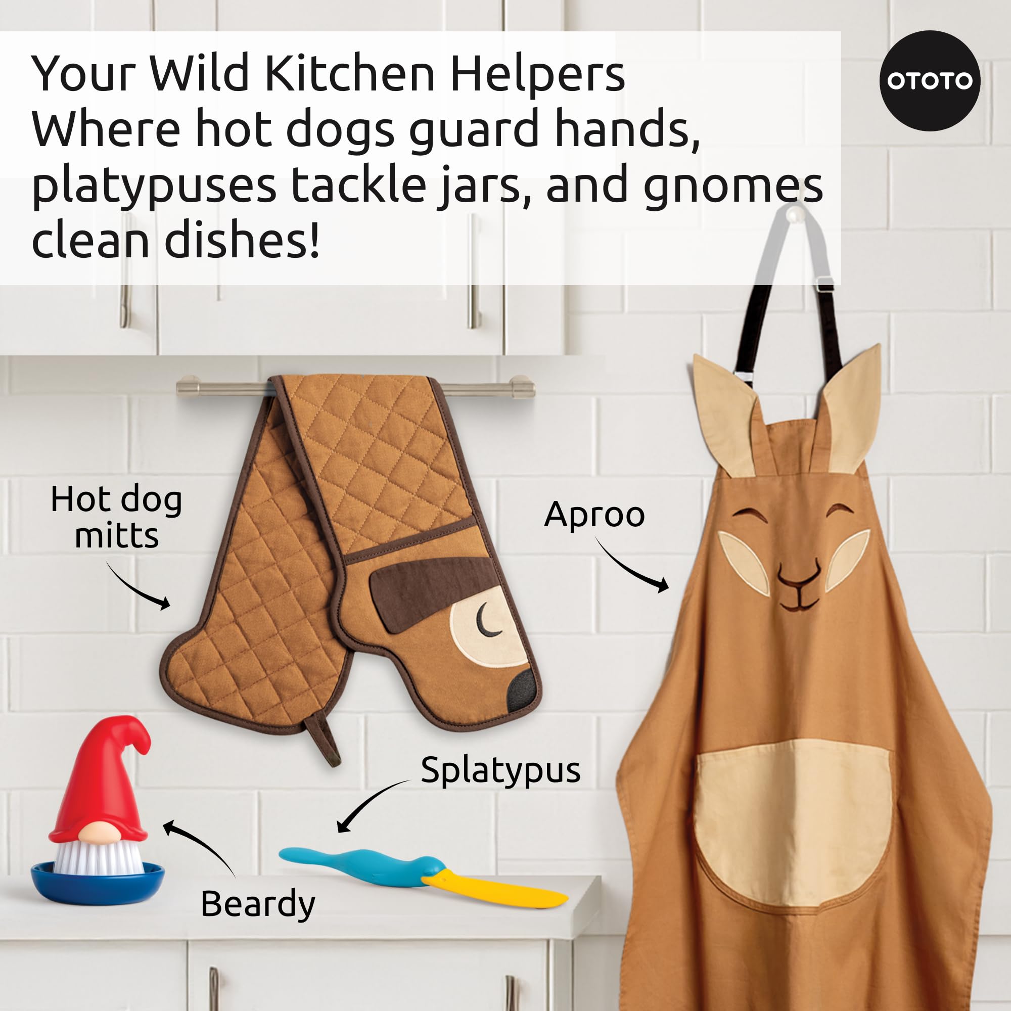 OTOTO Hot-Dog Double Oven Mitts Cute Funny - Gifts for Dog Lovers, Dachshund Themed Gifts, Heat Resistant, Kitchen Gadgets (Brown)