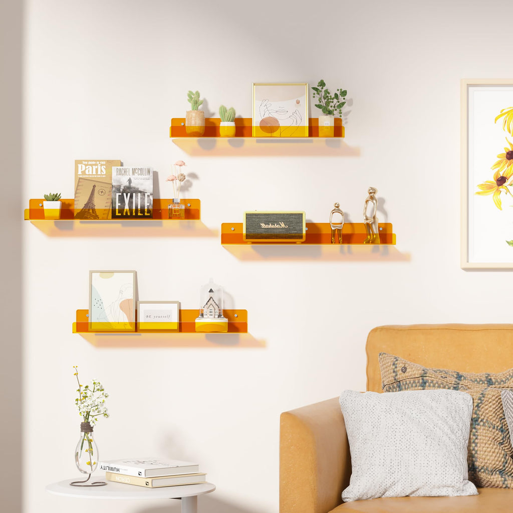 upsimples Acrylic Shelves for Bathroom Storage, 15" Floating Shelves Wall Organizer for Perfume, Make up, Skincare, Kids Bookshelf for Bedroom, Nursery, Living Room Decor, Clear, 4 Pack