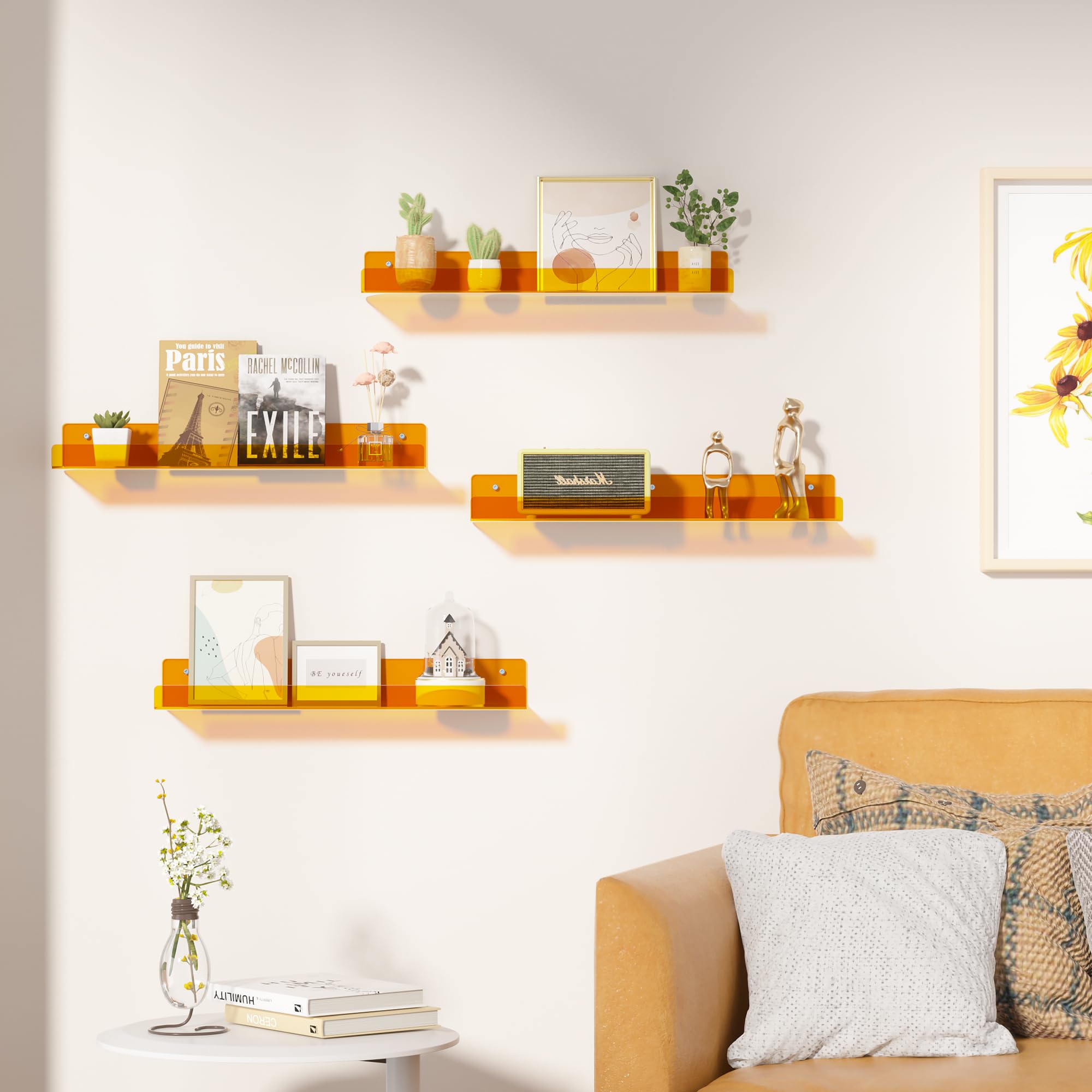 upsimples Acrylic Shelves for Bathroom Storage, 15" Floating Shelves Wall Organizer for Perfume, Make up, Skincare, Kids Bookshelf for Bedroom, Nursery, Living Room Decor, Clear, 4 Pack