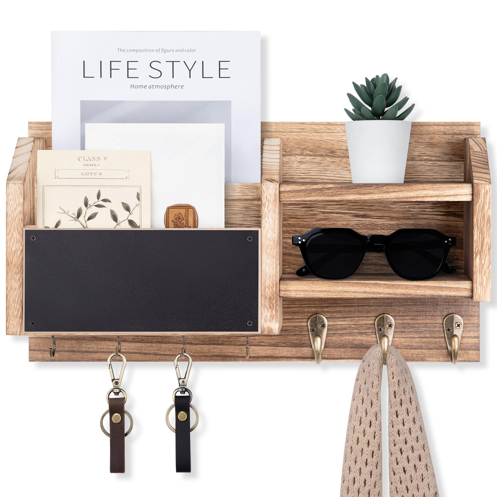 Mail and Key Holder – Wall Mount Key Hanger with Shelf and 7 Metal Hooks – Decorative Natural Paulownia Wood Entryway Organizer with Mounting Hardware (16.5”W x 8.7”H x 3.5”D) (Brown)
