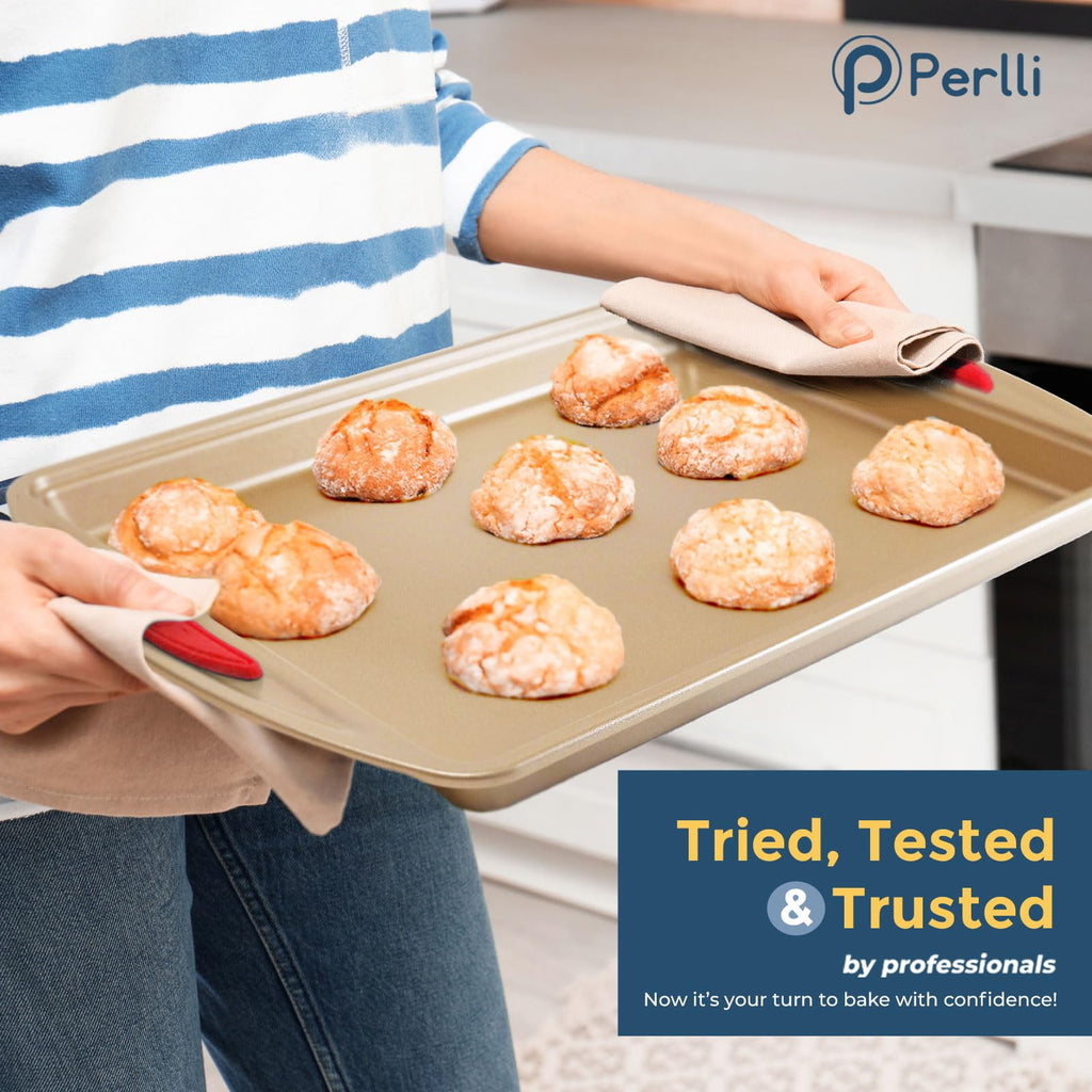Perlli Baking Kit: Nonstick Gold Steel Oven Set - 10 Pieces, Cookie Sheets, Cake Pans, 9x13Pan with Lid, Loaf & Deep Pans, Pizza Crisper, Muffin Pan - Silicone Handles