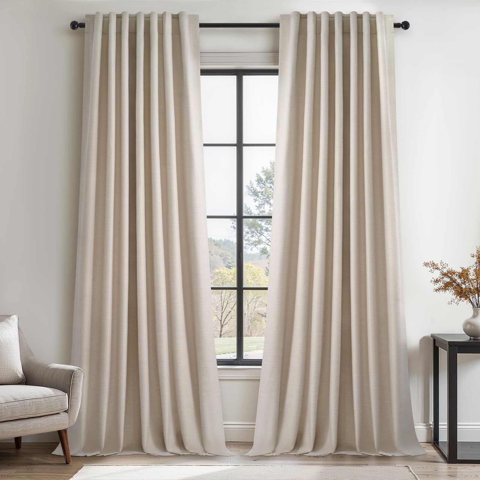 Topfinel Cream Linen Blackout Curtains 84 Inch Long for Bedroom Living Room, Ivory Pinch Pleat Back Tab Full Blackout Drapes Farmhouse Boho Curtains for Window, White Neutral Curtains 52" X 84" 7 FT