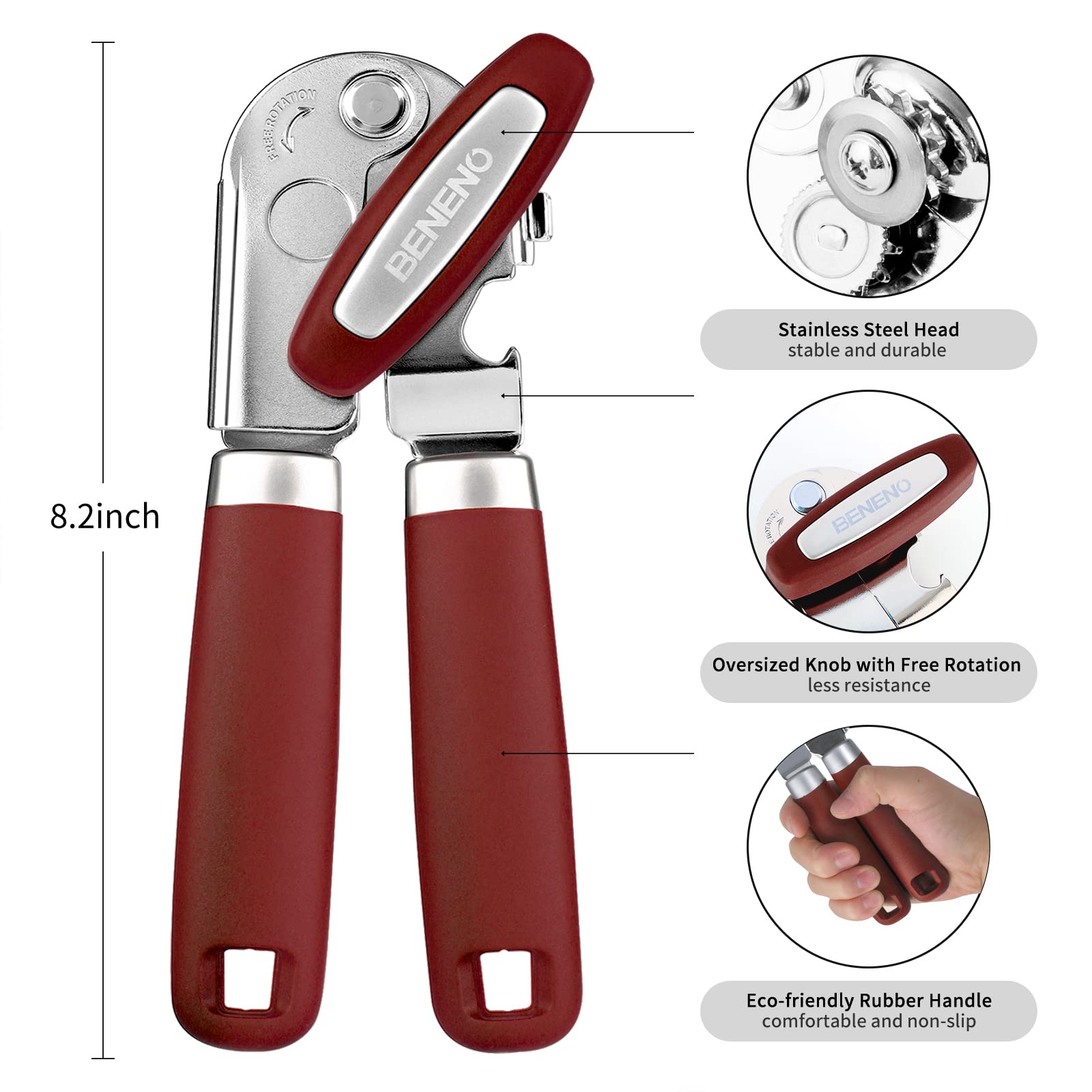 Beneno Heavy Duty Hand Can Opener Manual with Magnet, Durable Sharp Carbon Steel Blade Smooth Cutting, Big Effort-Saving Knob & Soft Grip Handle, Multifunctional Kitchen Tool with Bottle Opener, Green