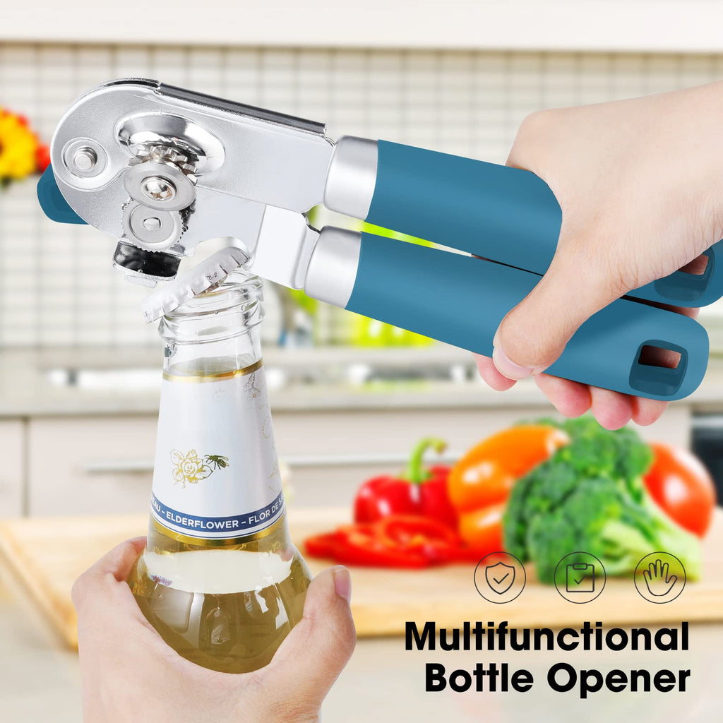 Beneno Heavy Duty Hand Can Opener Manual with Magnet, Durable Sharp Carbon Steel Blade Smooth Cutting, Big Effort-Saving Knob & Soft Grip Handle, Multifunctional Kitchen Tool with Bottle Opener, Green