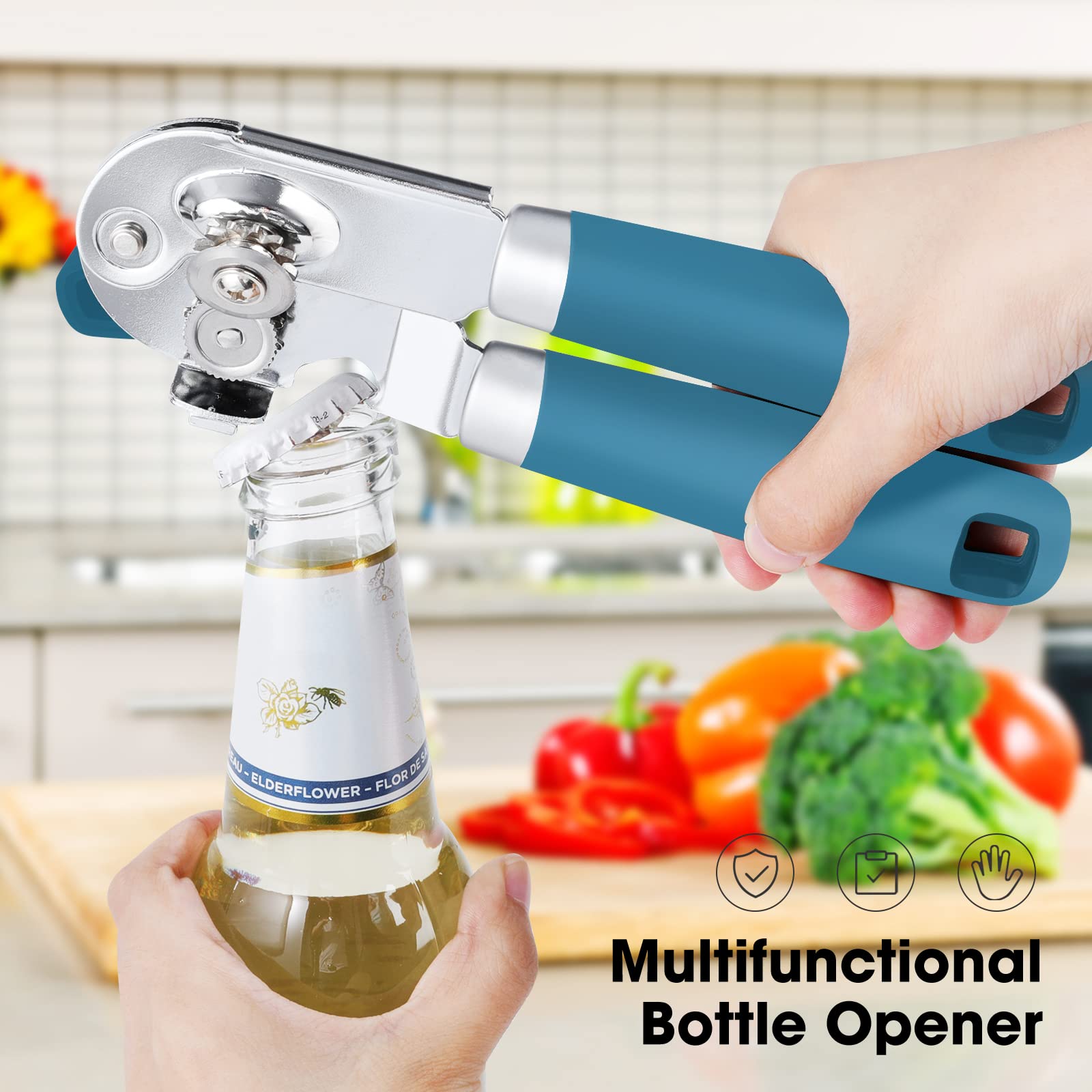 Beneno Heavy Duty Hand Can Opener Manual with Magnet, Durable Sharp Carbon Steel Blade Smooth Cutting, Big Effort-Saving Knob & Soft Grip Handle, Multifunctional Kitchen Tool with Bottle Opener, Green