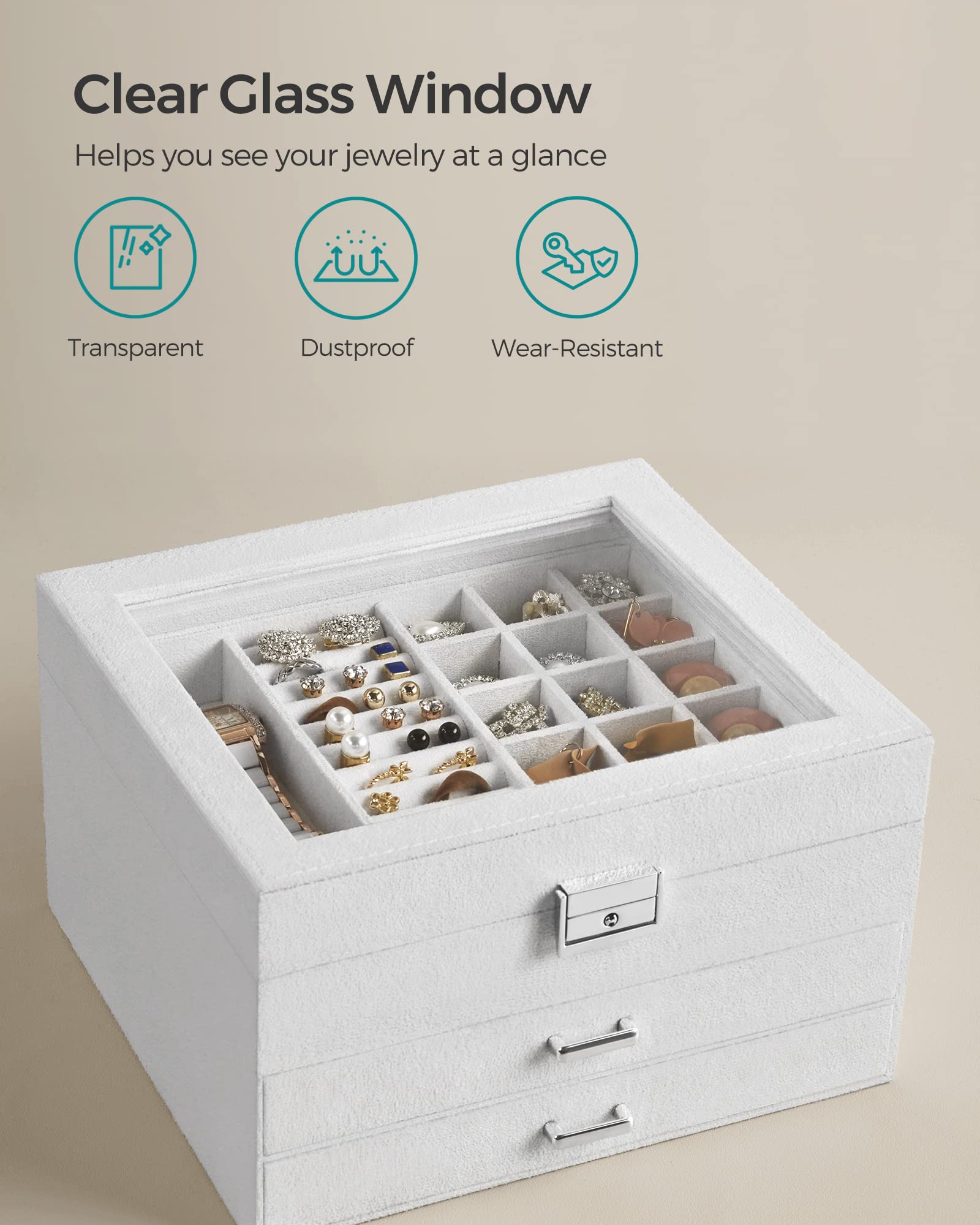 SONGMICS 3-Tier Jewelry Box, Travel Jewelry Case with Handle, 2 Drawers, Lockable Jewelry Organizer with Mirror, Jewelry Storage, Modern Style, Gift for Loved Ones, White UJBC154W01