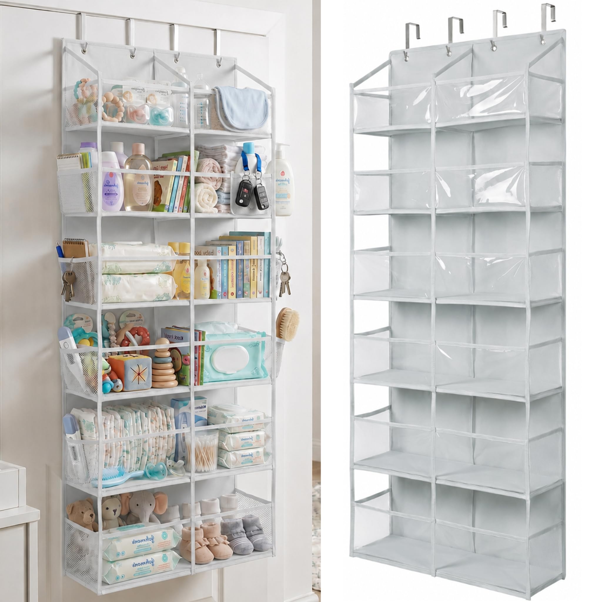 HOMELUX THEORY UPGRADED 6 Tiers Over The Door Organizer Hanging - 100D EXTRA THICK & 50lbs HUGE CAPACITY, 12 Side Mesh Pockets Over The Door Shoe Organizer, Hanging Closet Organizer (Ivory, 1pc)