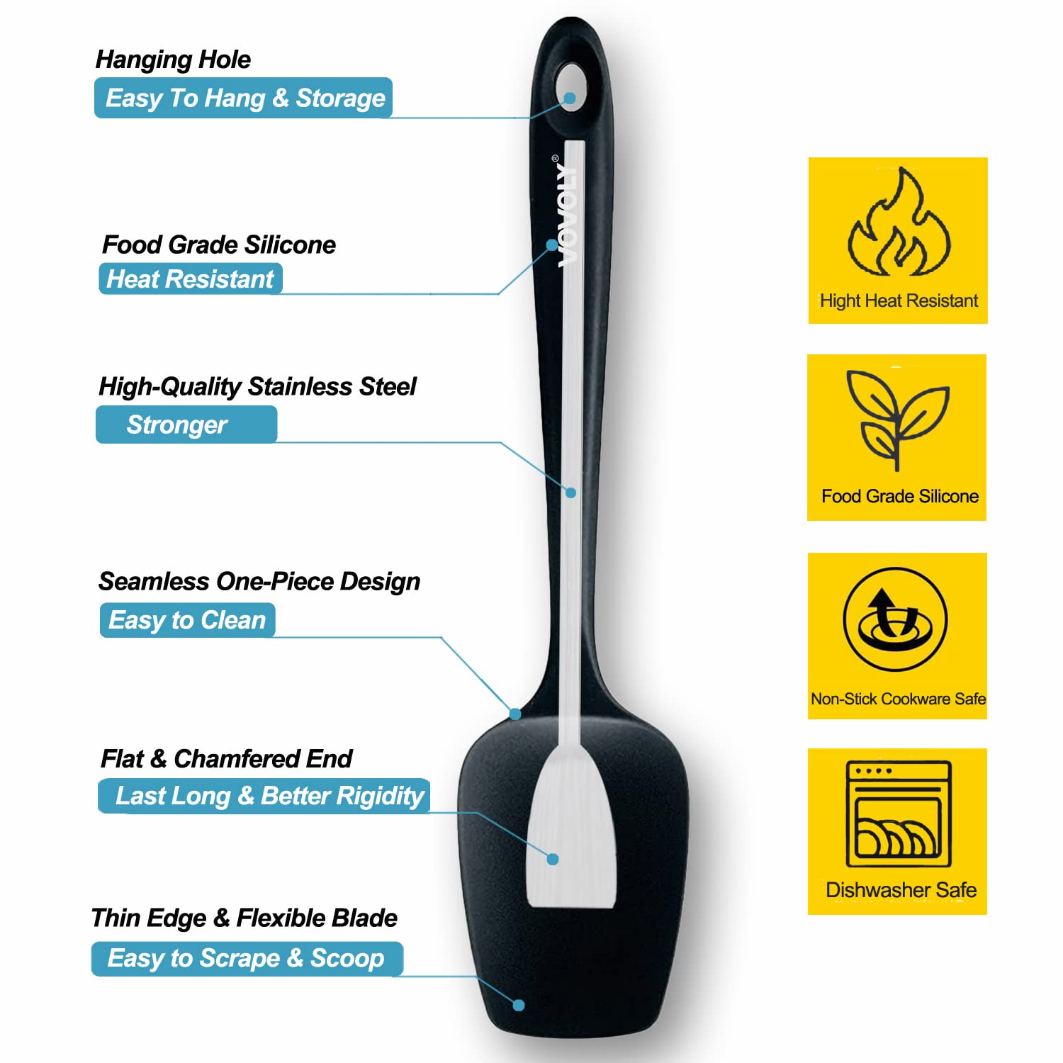 Silicone Spatula Set, High Heat Resistan Rubber Spoon Spatula, Non-Stick Spoonula with Seamless One Piece Design, Flexible Scrapers Baking Mixing Tool,3 Pack, Black