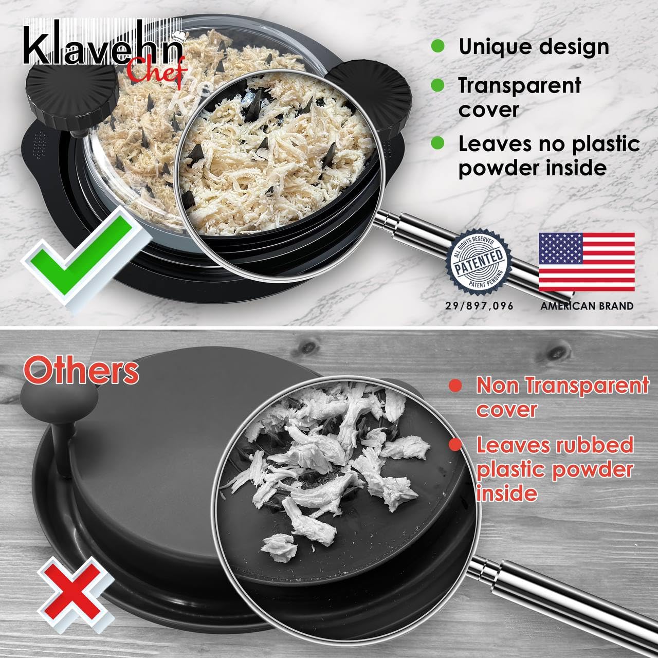 American Brand - Trituradora de pollo de 3 capas con placa desmontable + cepillo especial, doble antideslizante, sin BPA, resistente al calor, apta para lavavajillas, herramienta de trituración de pechuga de pollo, carne de res, cerdo, picadora de carne