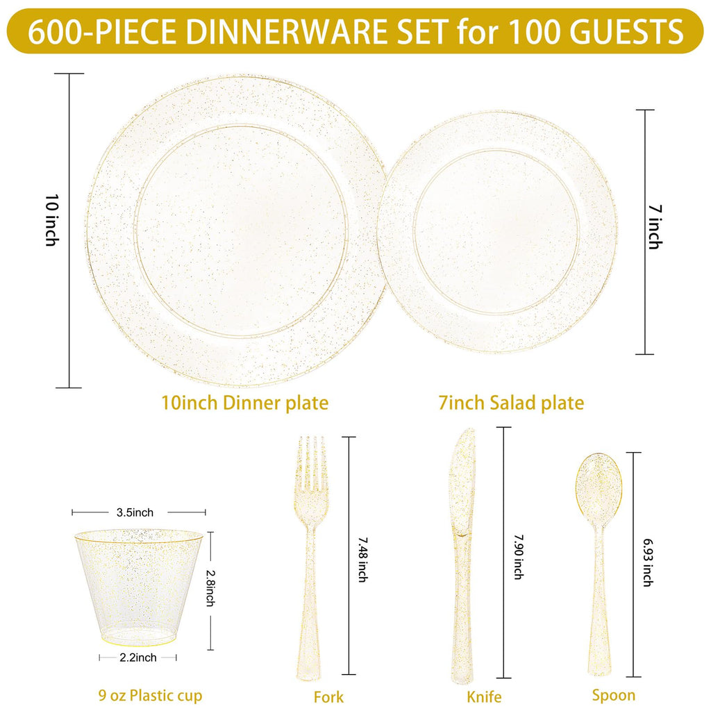 WELLIFE 600 PCS Silver Disposable Dinnerware Set for 100 Guests, Wedding Reception Plates & Silver Plastic Tableware, Dinner & Salad Plates, Cups, Forks, Knives & Spoons for Weddings & Elegant Events
